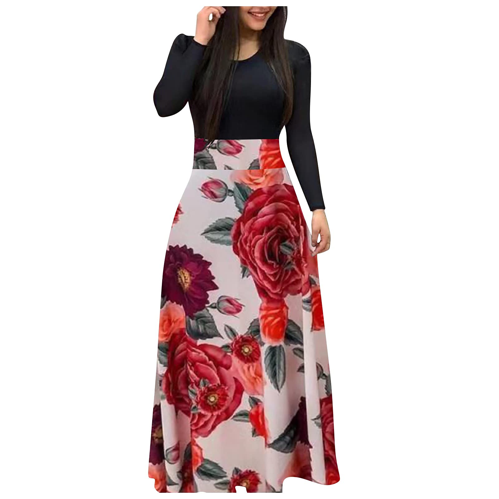 Women's Mebamook Printed Maxi Dress with Sleeves - Summer Holiday Party Dress 2022 | Floral Splice Design for Beach Vacations, Weddings & Casual Outings