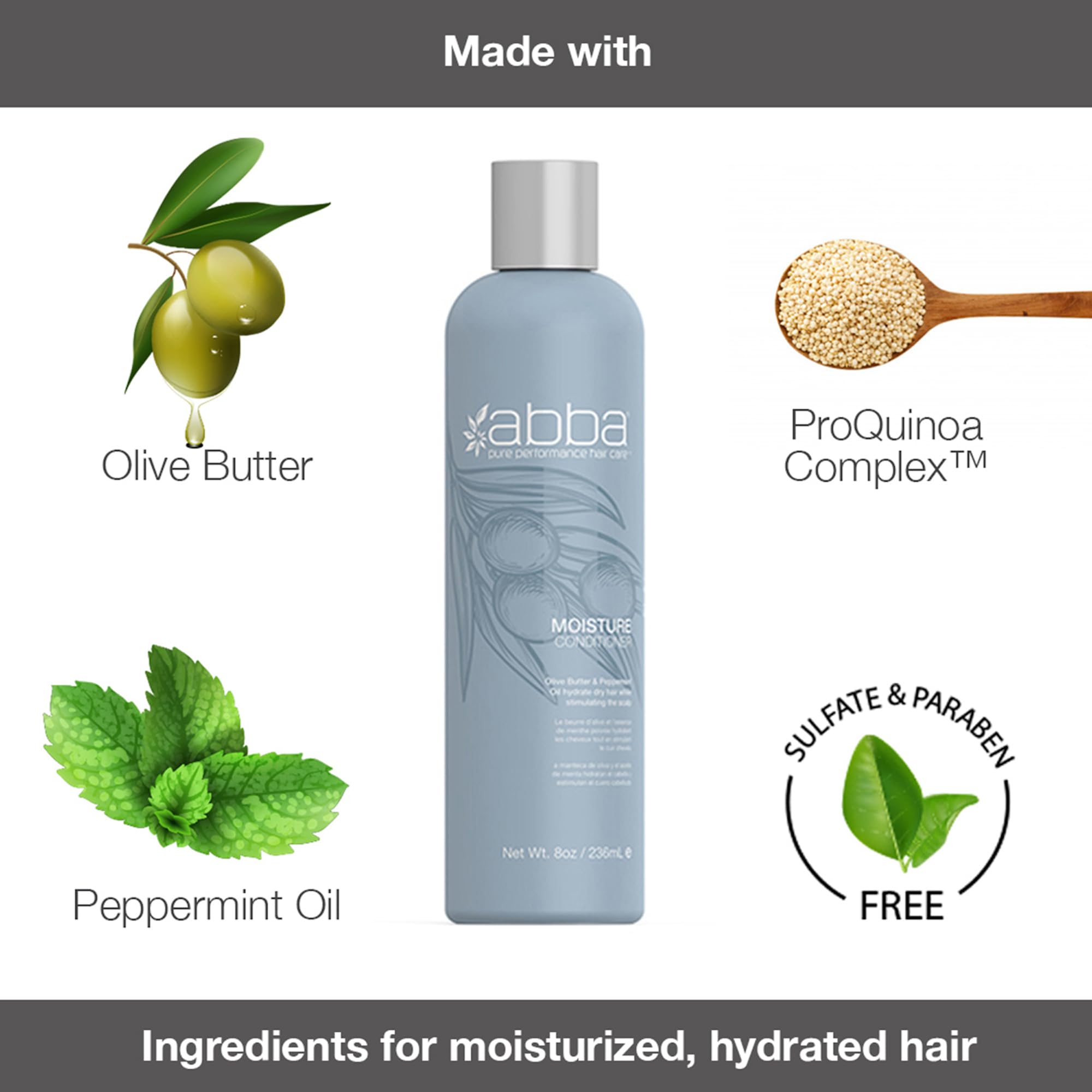 ABBA Pure Moisture Shampoo & Conditioner Set with Olive Butter & Peppermint Oil - 32 fl oz Each - Hydrating Hair Care for Dry & Damaged Hair - Salon Quality Products for Daily Use & Professional Styling