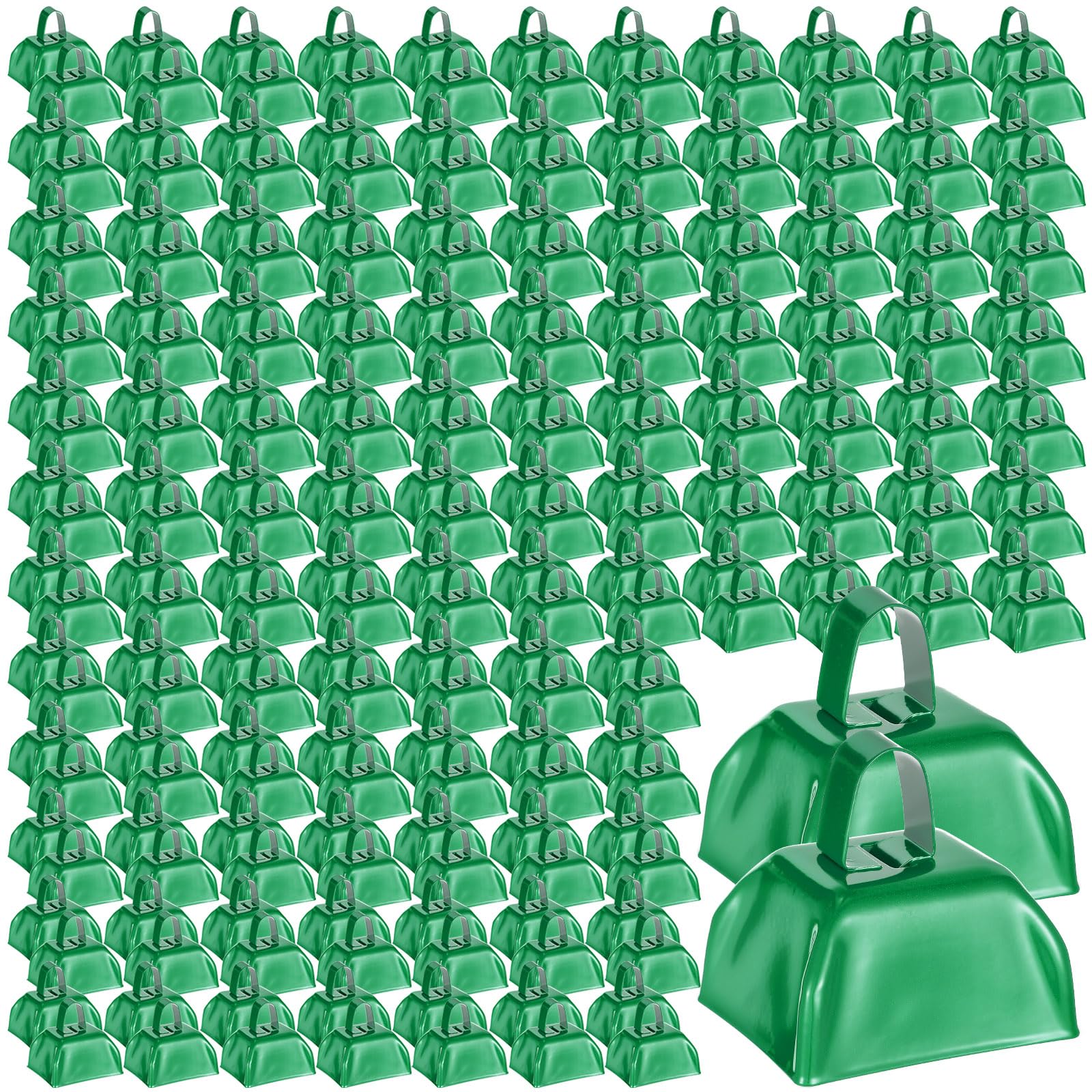 250 Pcs Bulk Metal Cowbells with Handle - Loud Hand Percussion Noise Makers for Football Games, Cheerleading, Sporting Events, Weddings & New Year Parties - 3 x 2.8 x 2.5 Inch Green Cow Bells - Perfect for Crowd Cheering, Team Spirit & Festive Celebrations