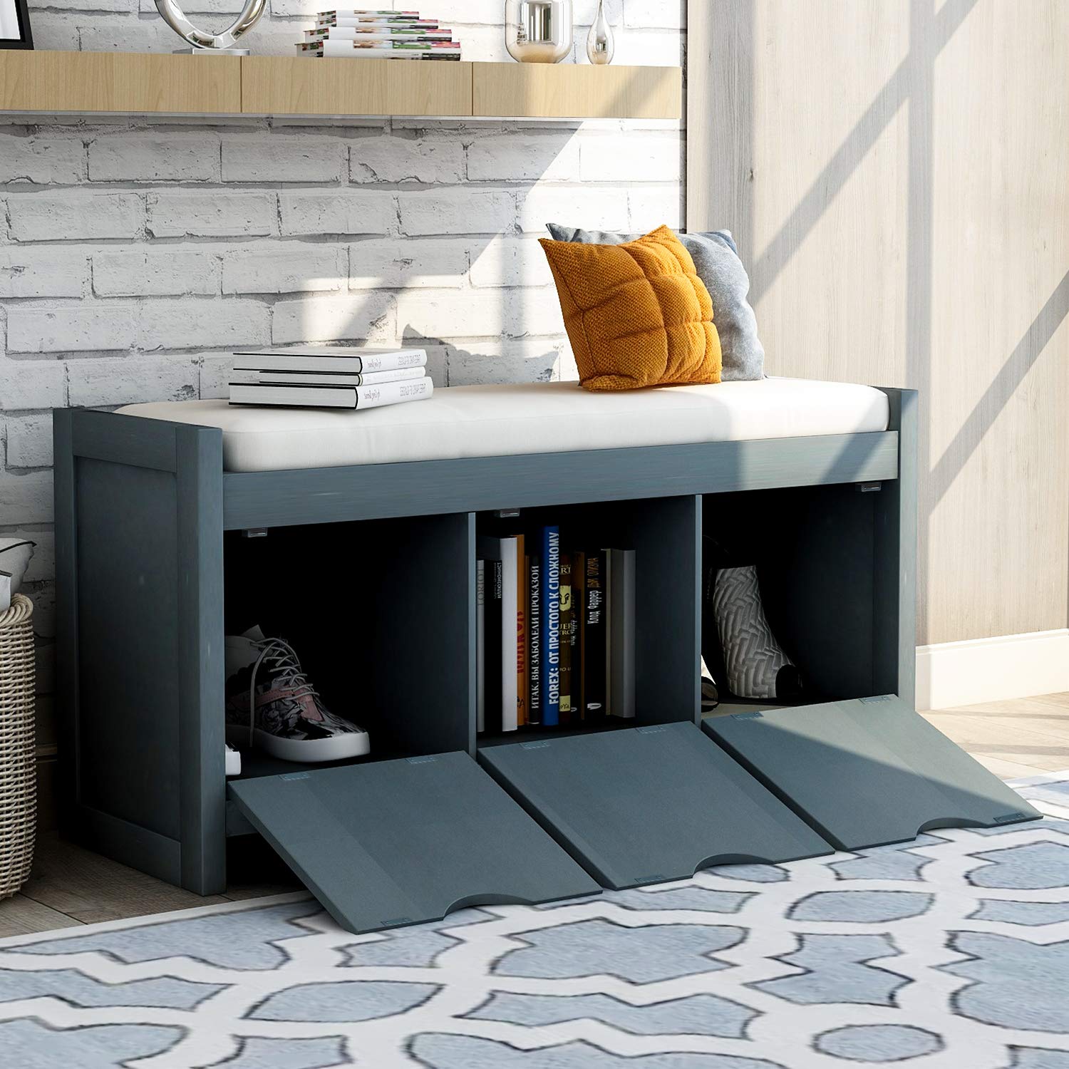 Storage Bench with Removable Cushion & 3 Flip-Up Compartments - Entryway Organizer for Shoes & Accessories | Hallway Seating Solution | Antique Navy Home Decor