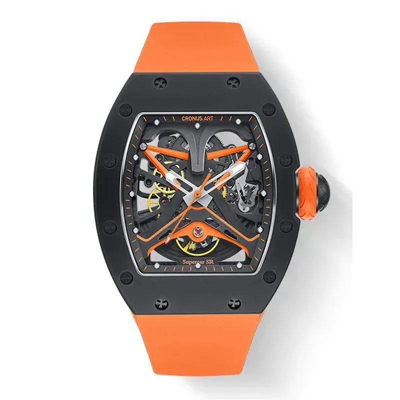 CRONUSART Men's Automatic Skeleton Watch - 50mm Tonneau Case, Carbon Steel, Luminous Hands, Fluororubber Strap - Mechanical Wristwatch for Business, Casual & Formal Occasions