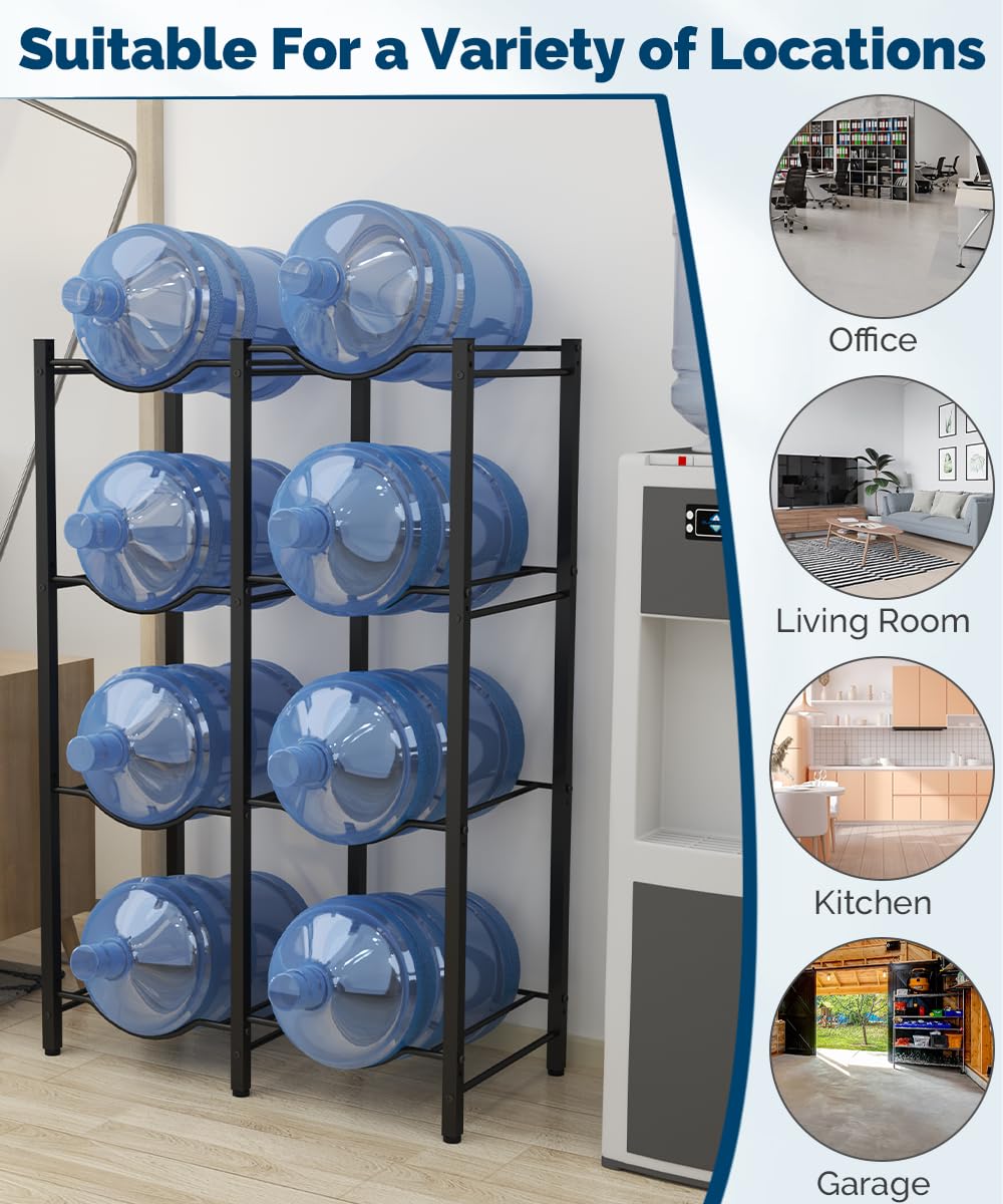 Mocomax 5 Gallon Water Jug Rack - Heavy Duty 4 Tier Detachable Bottle Holder for 8 Bottles - Durable Cooler Organizer for Kitchen, Office, Living Room (Black) - Perfect for Parties, Camping & Home Storage