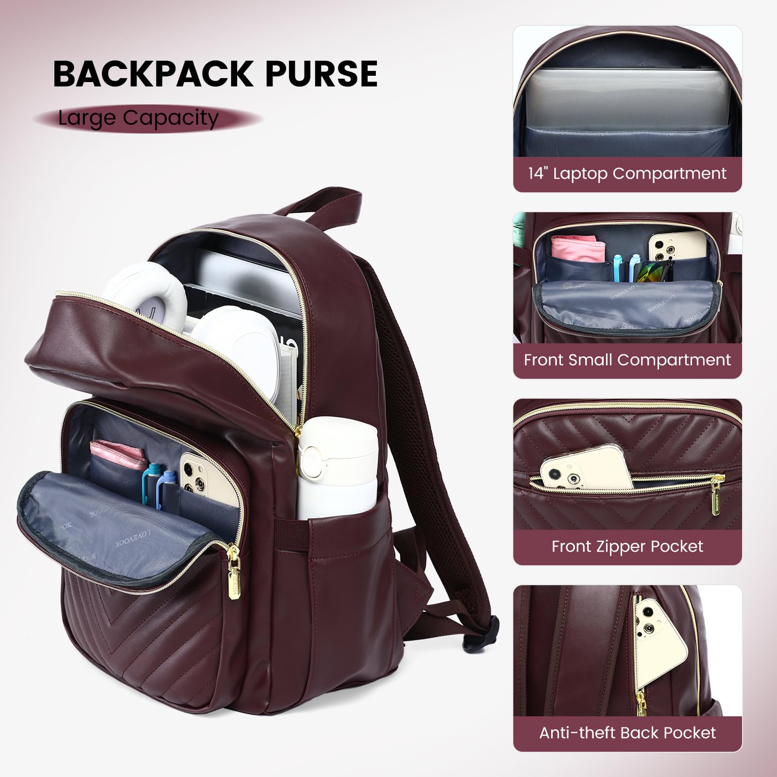 LOVEVOOK Women's Waterproof Mini Backpack Purse - Lightweight Small Backpack Set of 2 (Wine Red) - Perfect for Travel, Work, Gym & Daily Use