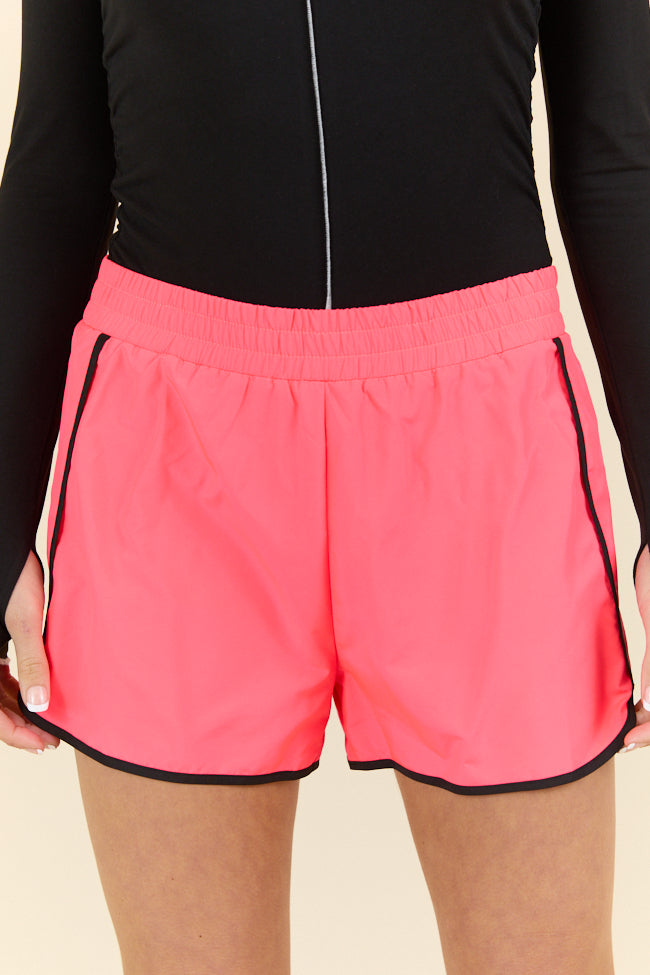 On The Move Neon Coral Contrast Trim Running Shorts - Women's High Waist Athletic Shorts for Gym, Yoga & Workout - Breathable & Comfortable Fitness Apparel