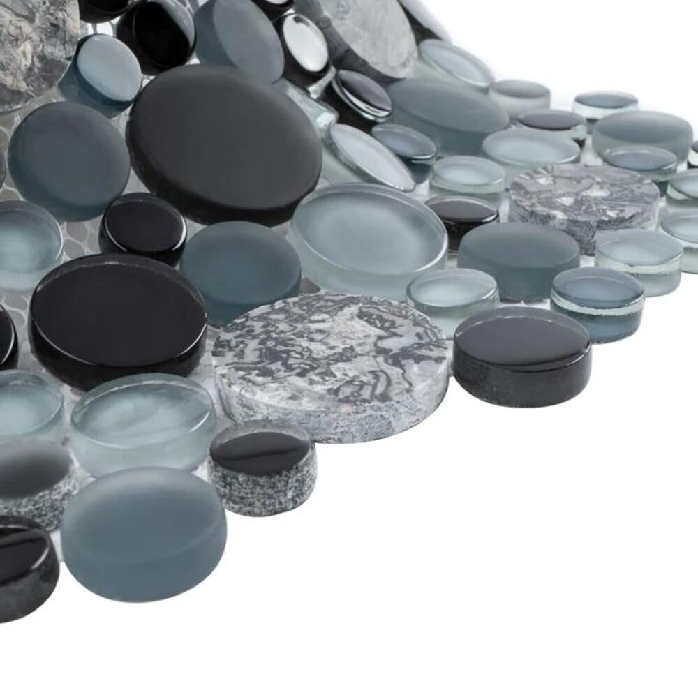 Midnight Bardiglio Grey and Black Bubble Round Marble Glass Mosaic Tile - 10 Sheets for Kitchen Backsplash, Bathroom Shower, Accent Wall - Waterproof Peel-and-Stick Wall Decor for Modern Home & Commercial Spaces