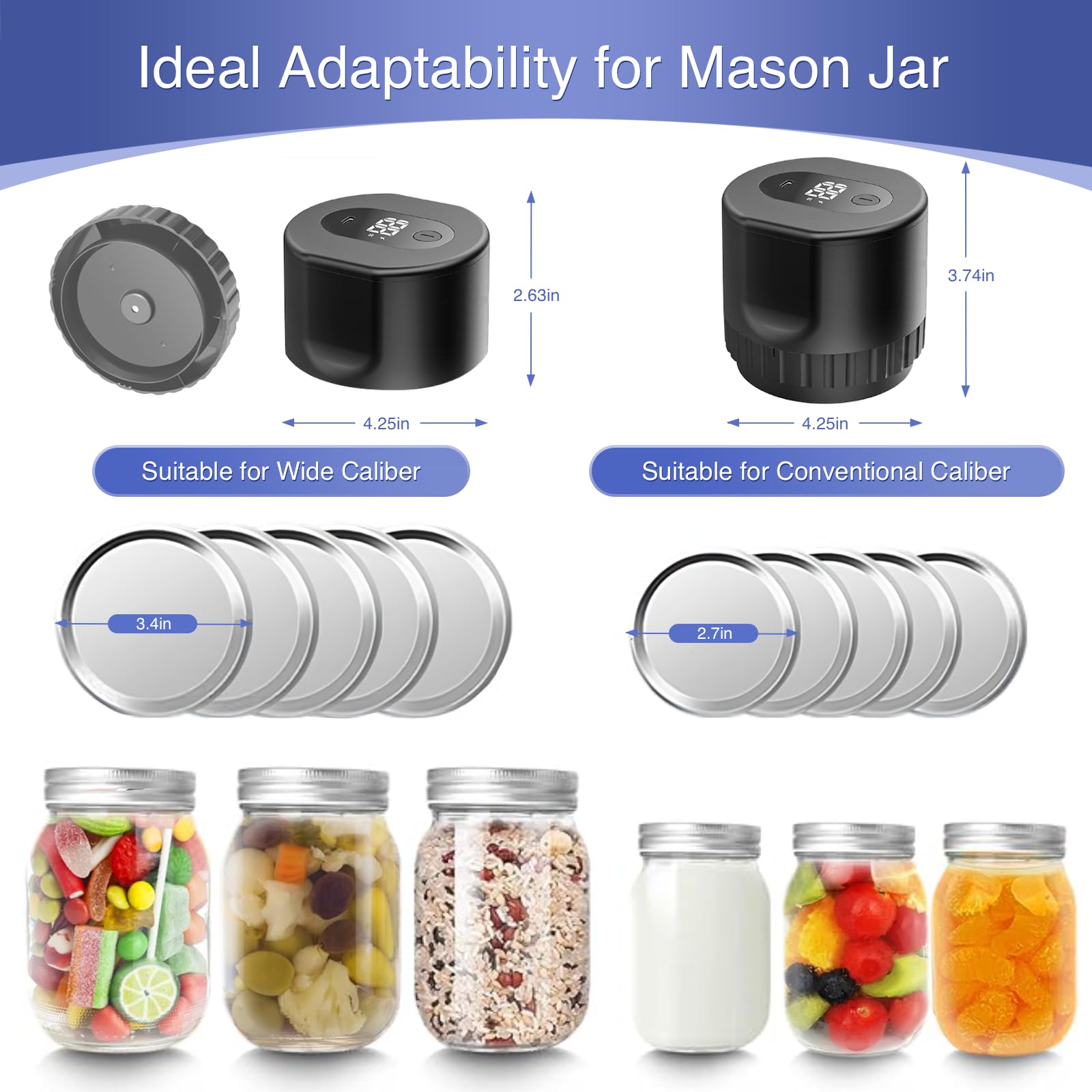 Electric Mason Jar Vacuum Sealer Kit - Auto Stop 80kPa Food Preserver for Wide & Regular Mouth Jars | Airtight Storage for Dry Foods, Coffee, Nuts & Meal Prep (Black)