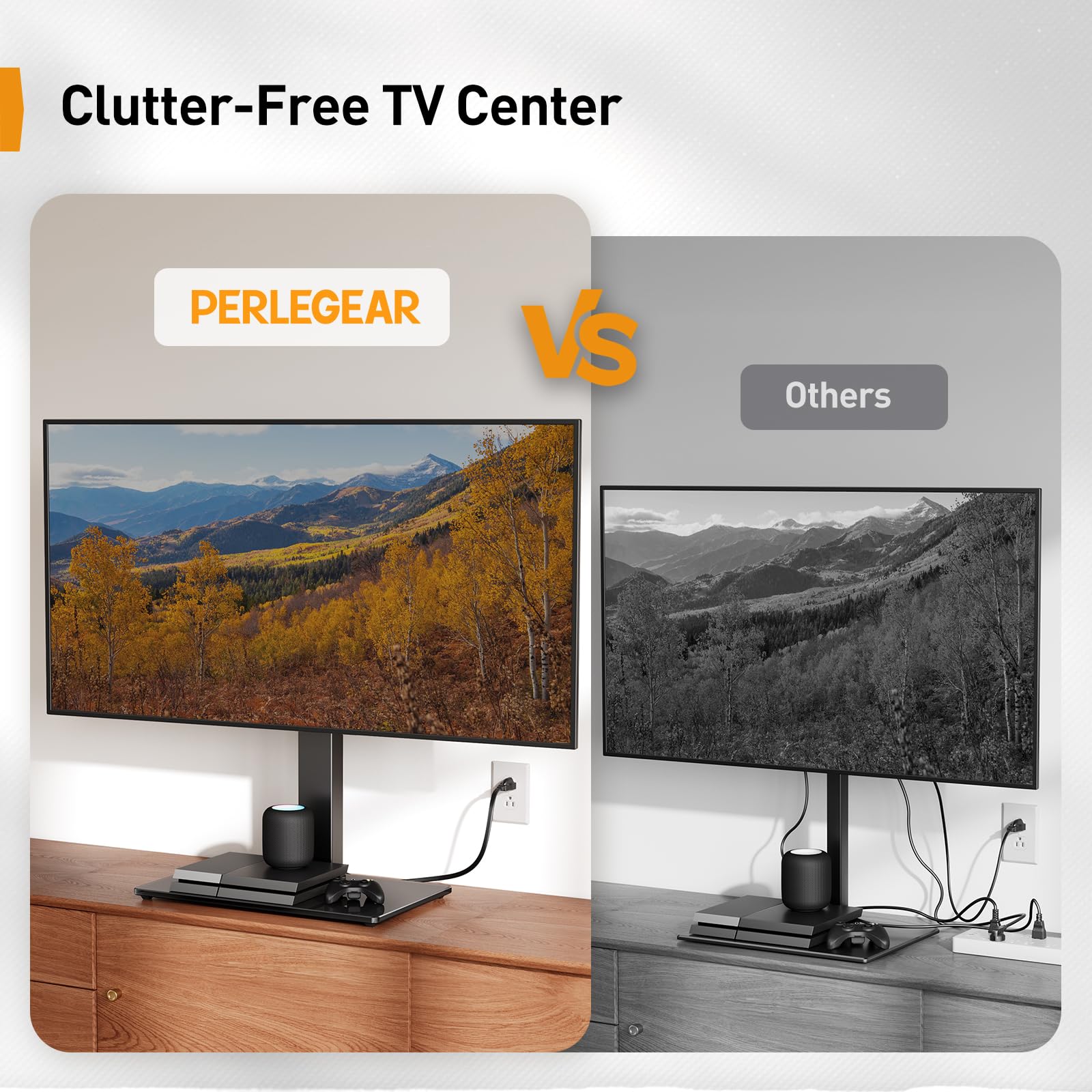 Perlegear Universal TV Stand with Power Outlet - Swivel Base for 32-80 inch TVs up to 99 lbs - Tempered Glass TV Stand with Height Adjustment & Max VESA 600x400mm (PGTVS31) - Perfect for Living Room, Bedroom, or Office Entertainment Setup