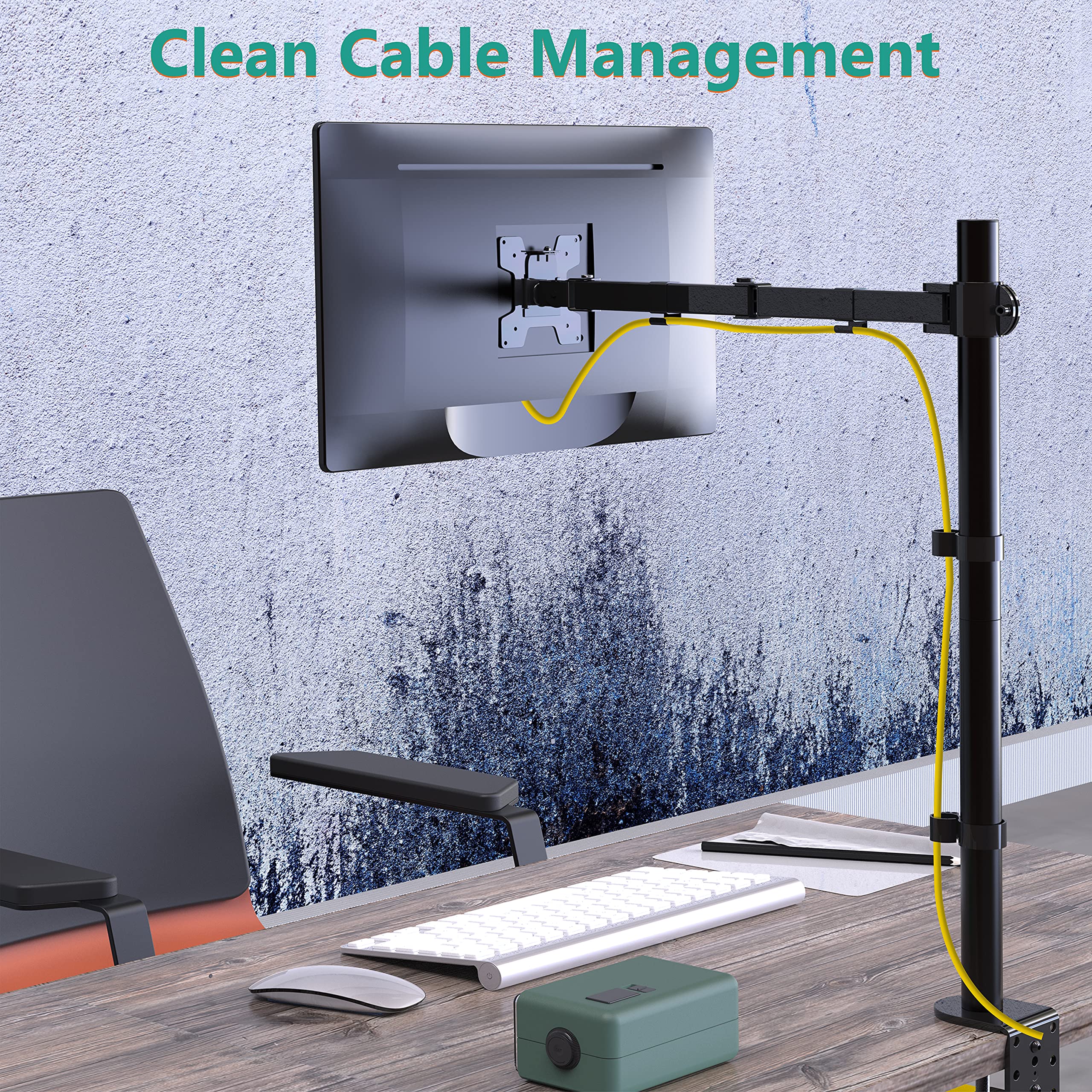 WALI Extra Tall Single Monitor Arm Mount for Desk - Heavy Duty Adjustable Stand for 13-32 inch Screens up to 22 lbs (M001XL, Black) - Perfect for Home Office, Gaming Setup & Workspace Ergonomics