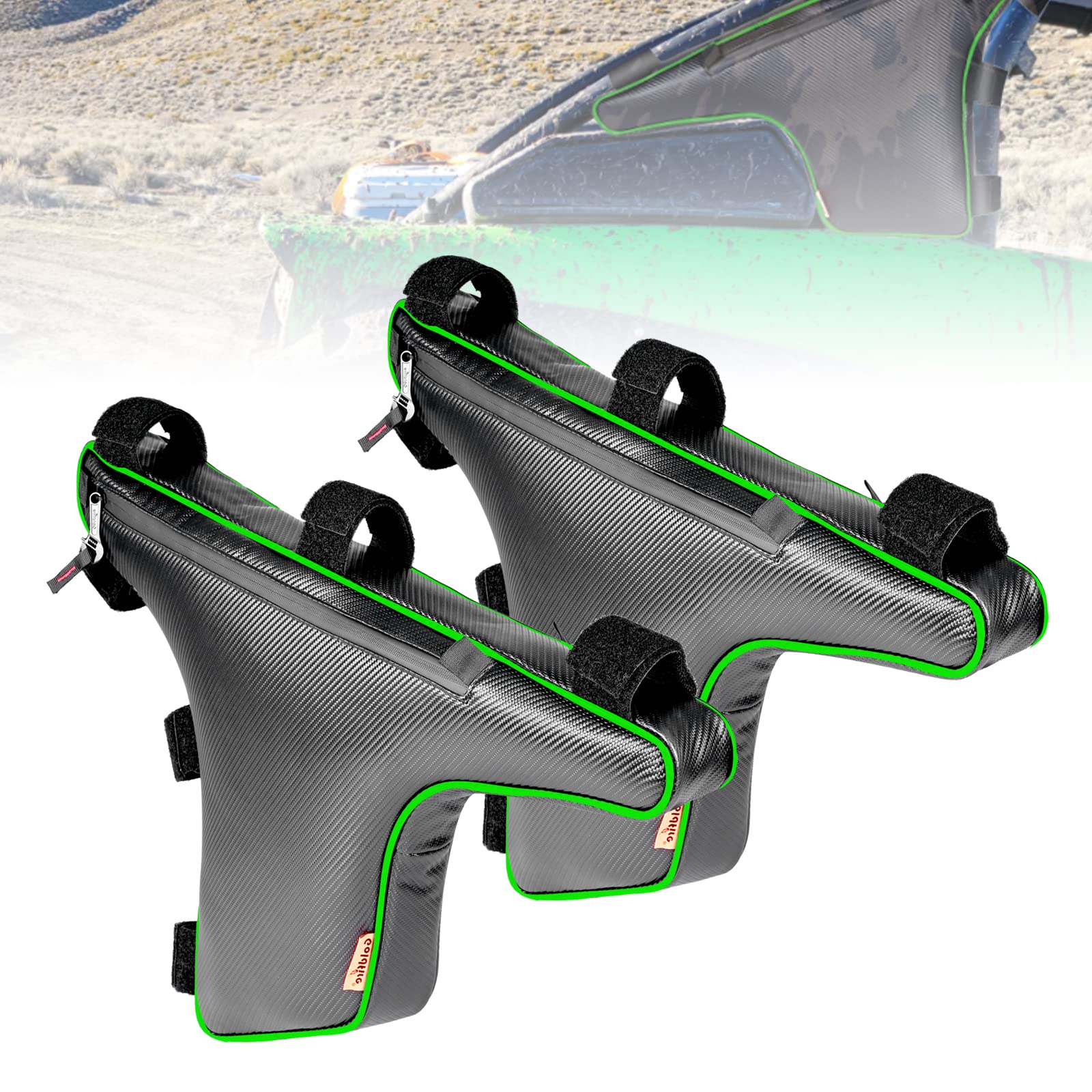 Goldfire Teryx KRX Side Cage Storage Bag - 2 Pack Black Triangle Truss Organizer with Green Piping | Compatible with Kawasaki Teryx KRX 1000 (2020+ Models) | Perfect for Off-Road Adventures, Hunting Gear Storage & Trail Organization