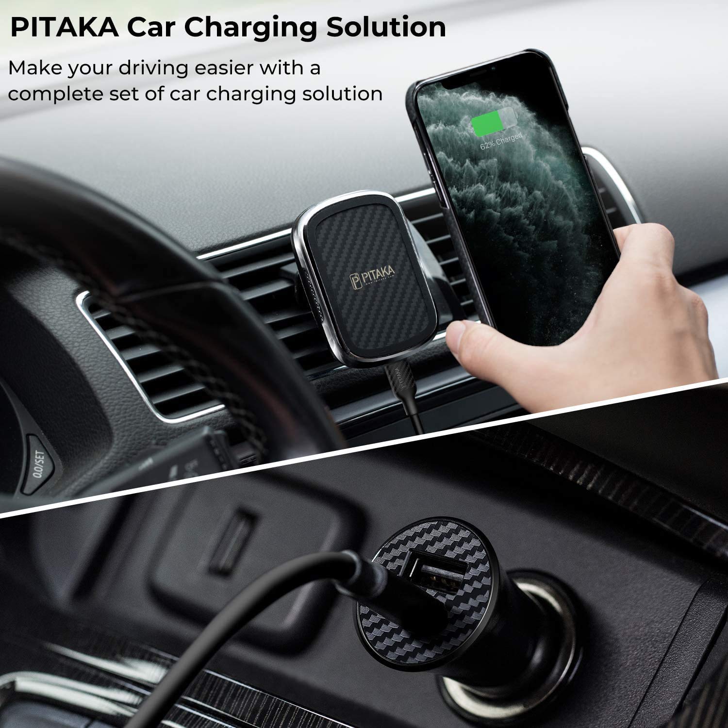 PITAKA 3-in-1 Magnetic Wireless Charging Kit for iPhone 11 Pro | Fast Qi-Certified Car Mount & Phone Holder | Compatible with MagEZ Case | Perfect for Driving, Commuting & Road Trips