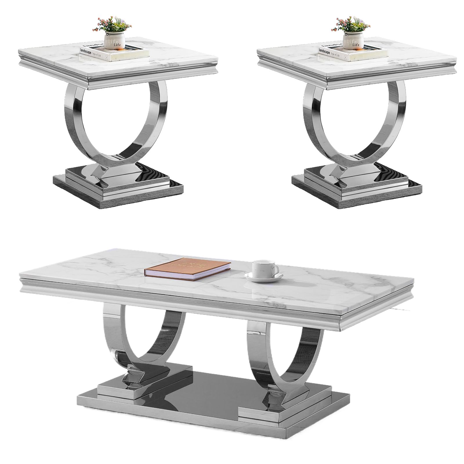 3-Piece Marble Coffee Table Set for Living Room - Faux Marble Top with Wood & Stainless Steel Frame - Modern Nesting Tables for Apartment, Home Office (Silver) | Perfect for Small Spaces, Coffee Serving & Stylish Home Decor