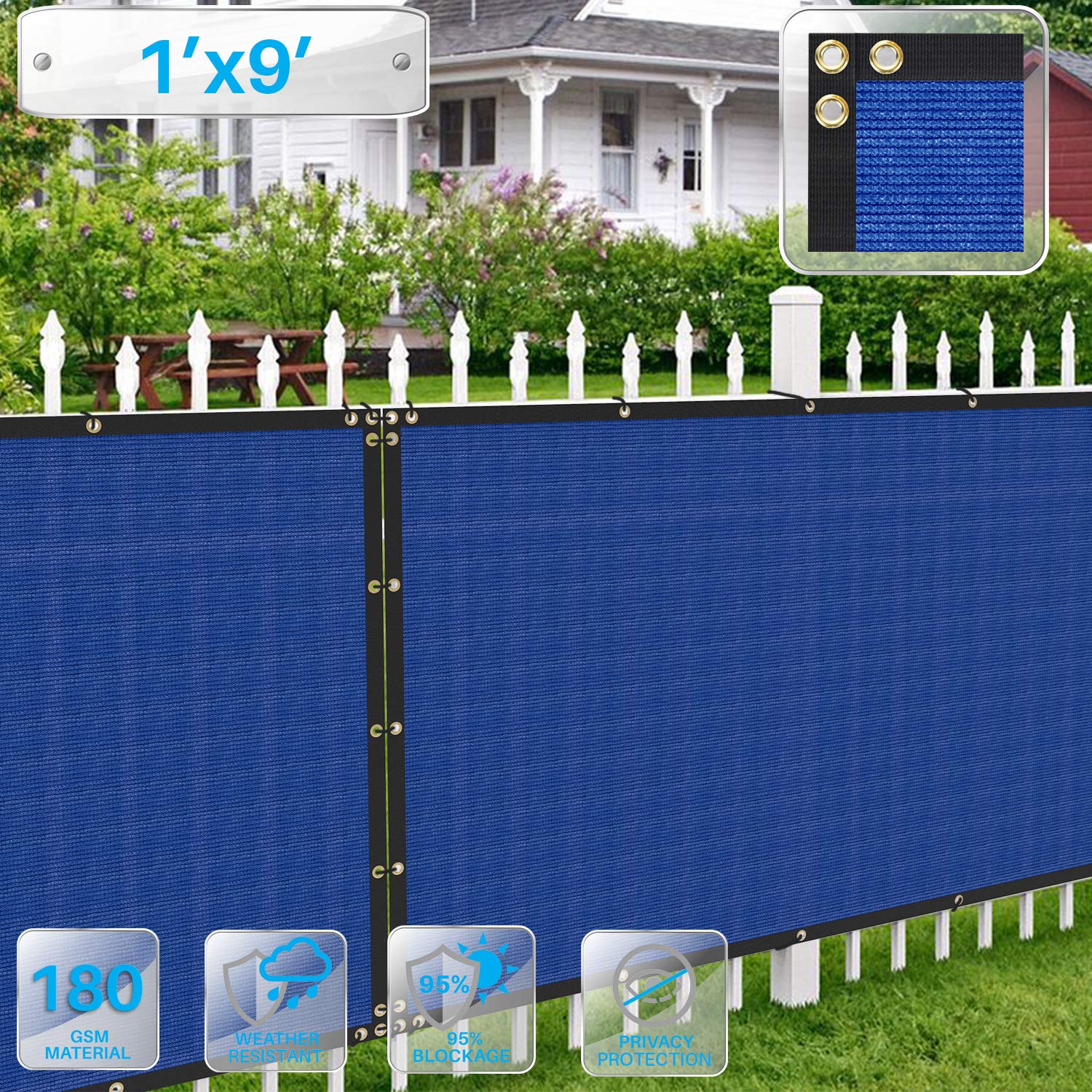 1'x9' Blue Privacy Screen Fence - UV Block Mesh Shade Net with Brass Grommets for Garden & Backyard