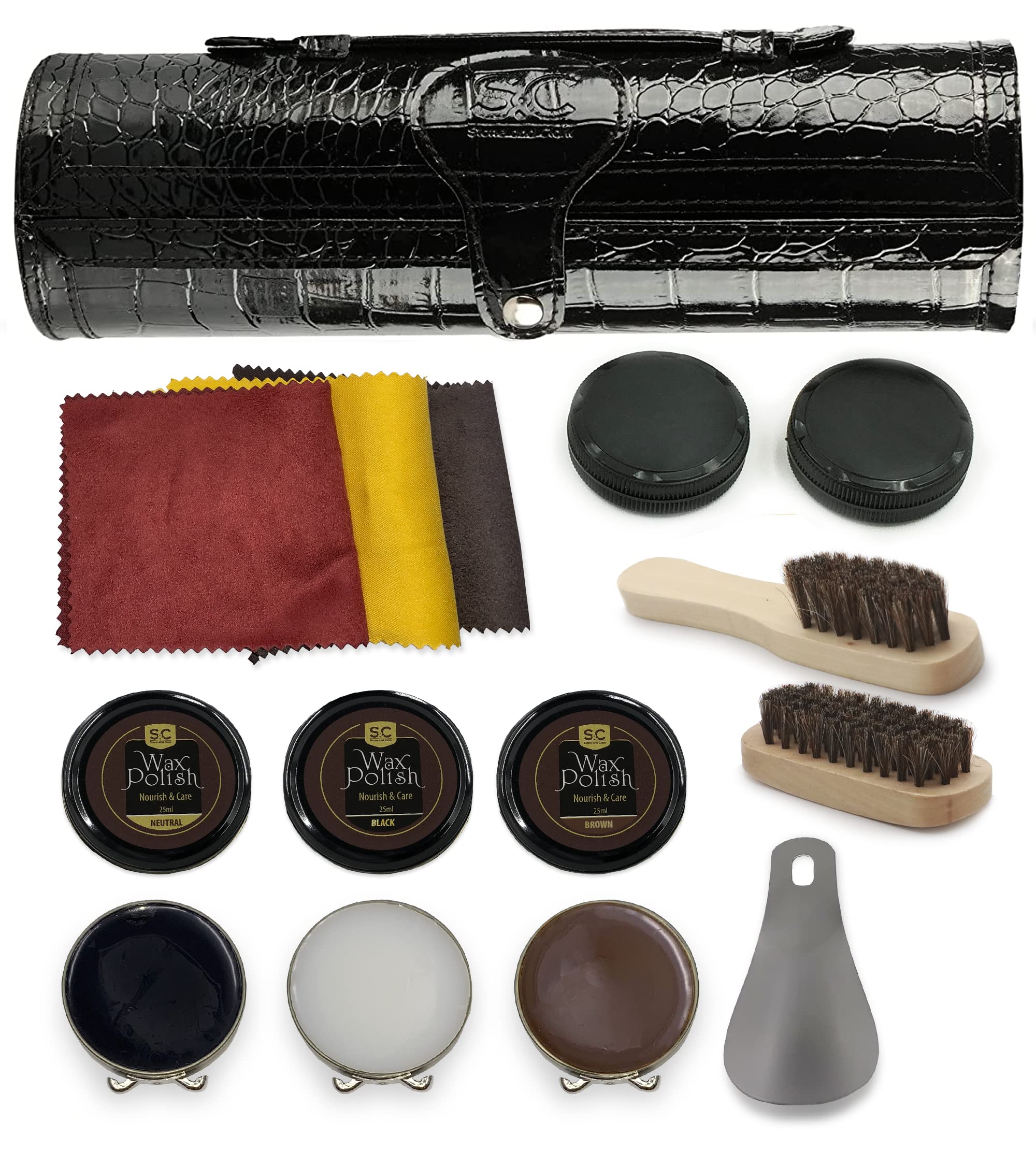12PC Premium Leather Shoe Polish & Care Kit - Brown Wax, Horse Hair Brushes & Polishing Tools for Men & Women - Perfect for Dress Shoes, Boots & Leather Accessories (Home, Office & Travel Use)