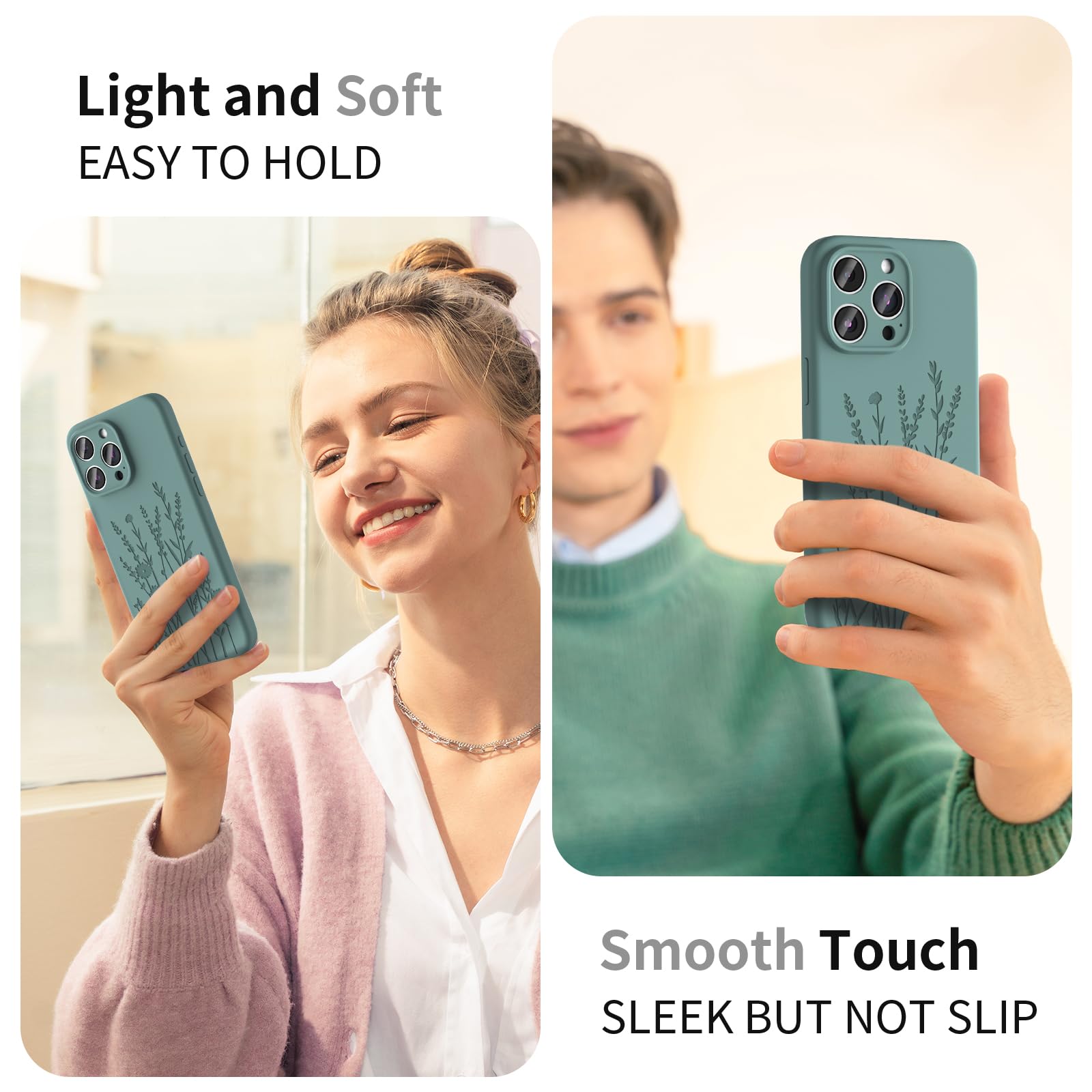 Magnetic Engraved iPhone 15 Pro Case with Magsafe Compatibility | Slim Liquid Silicone Phone Cover with All-Round Camera Protection | Elegant Midnight Green Floral Design for Women & Girls | Perfect for Everyday Use, Work & Travel Protection