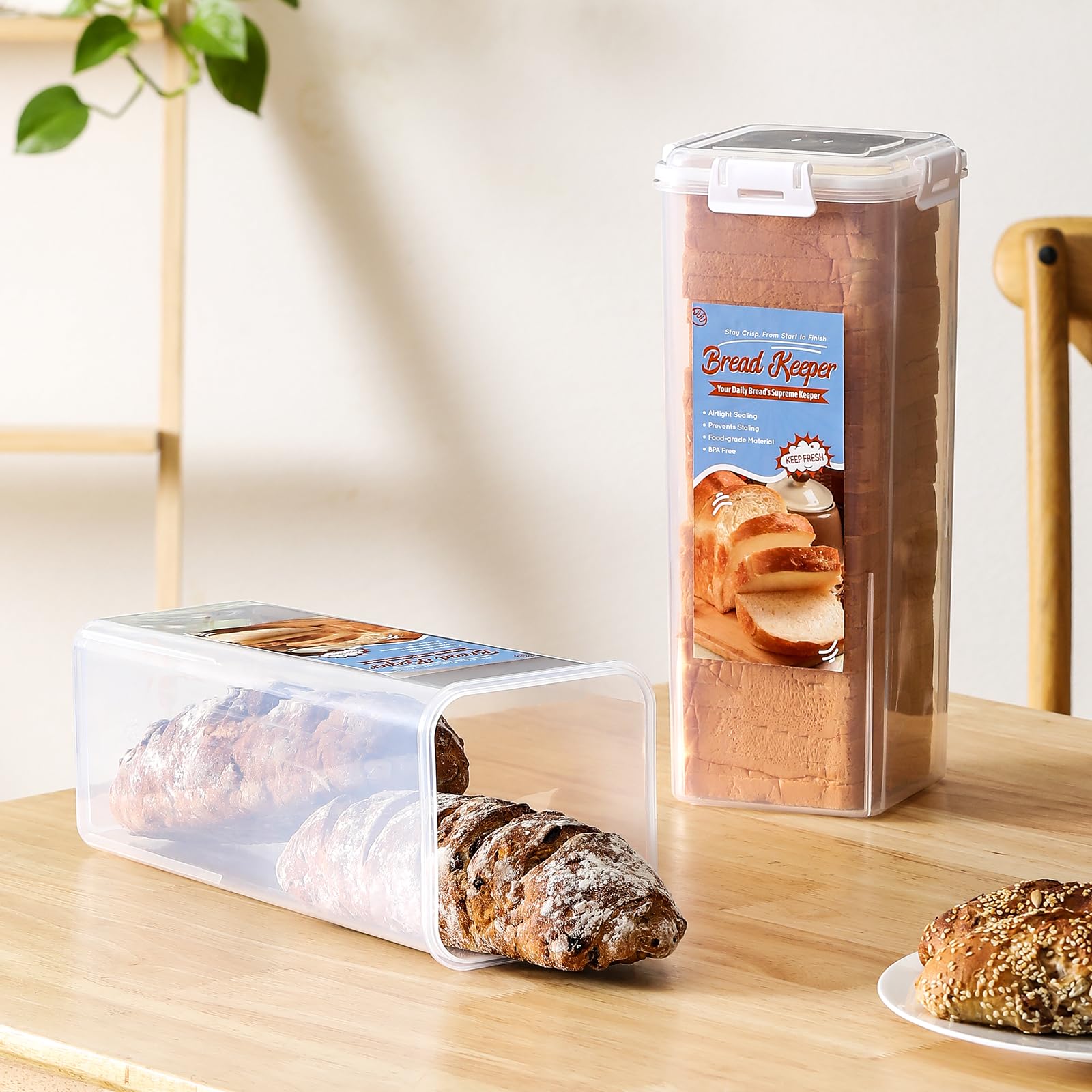 AOZITA 2-Pack Airtight Bread Storage Containers with White Lids - Plastic Sandwich & Loaf Bread Keepers for Freshness - Perfect for Kitchen Countertop, Pantry Organization & Bakery Storage