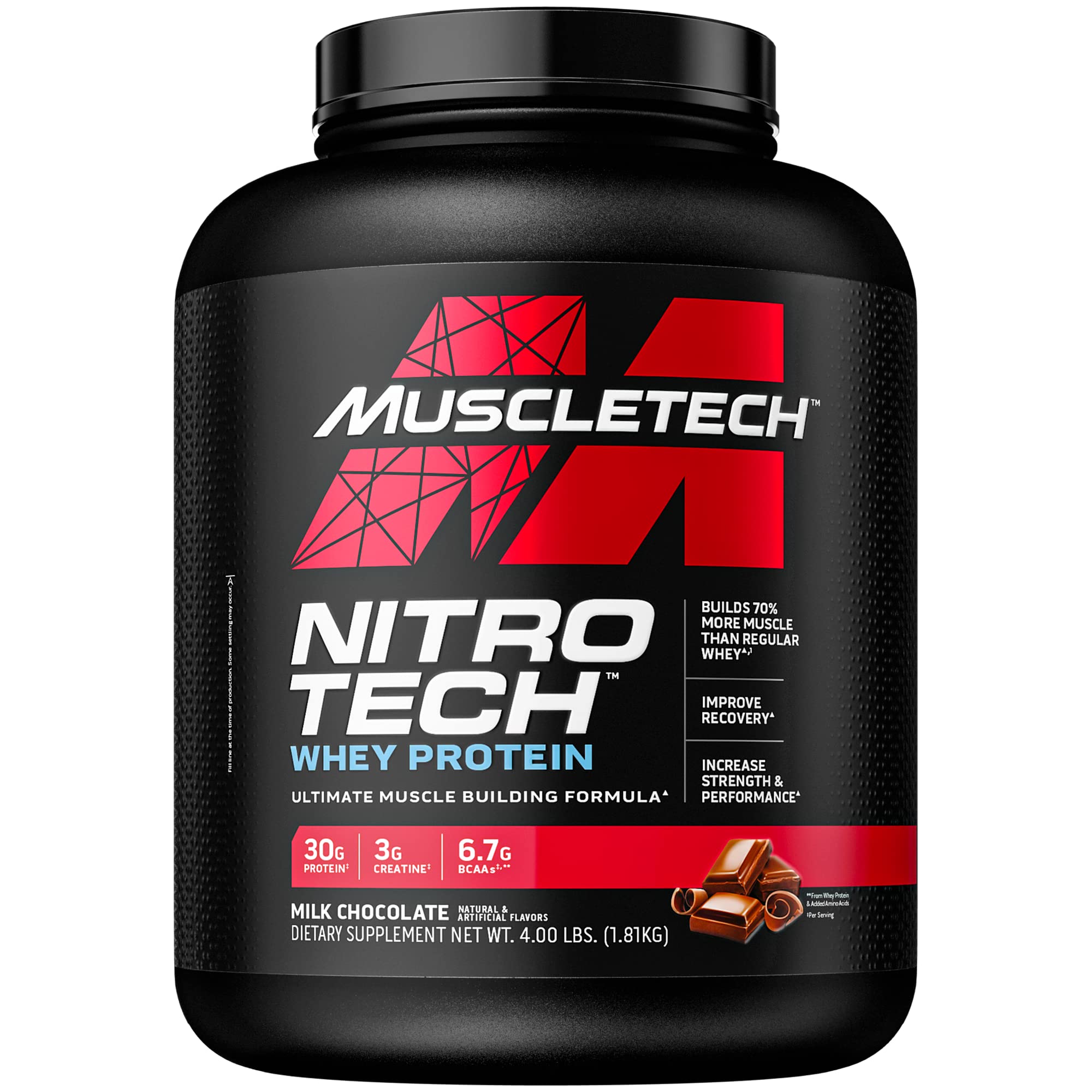 Nitro-Tech Whey Protein Powder by MuscleTech - Whey Protein Isolate & Peptides, Milk Chocolate Flavor, 4lb (40 Servings) for Muscle Recovery & Post-Workout Nutrition