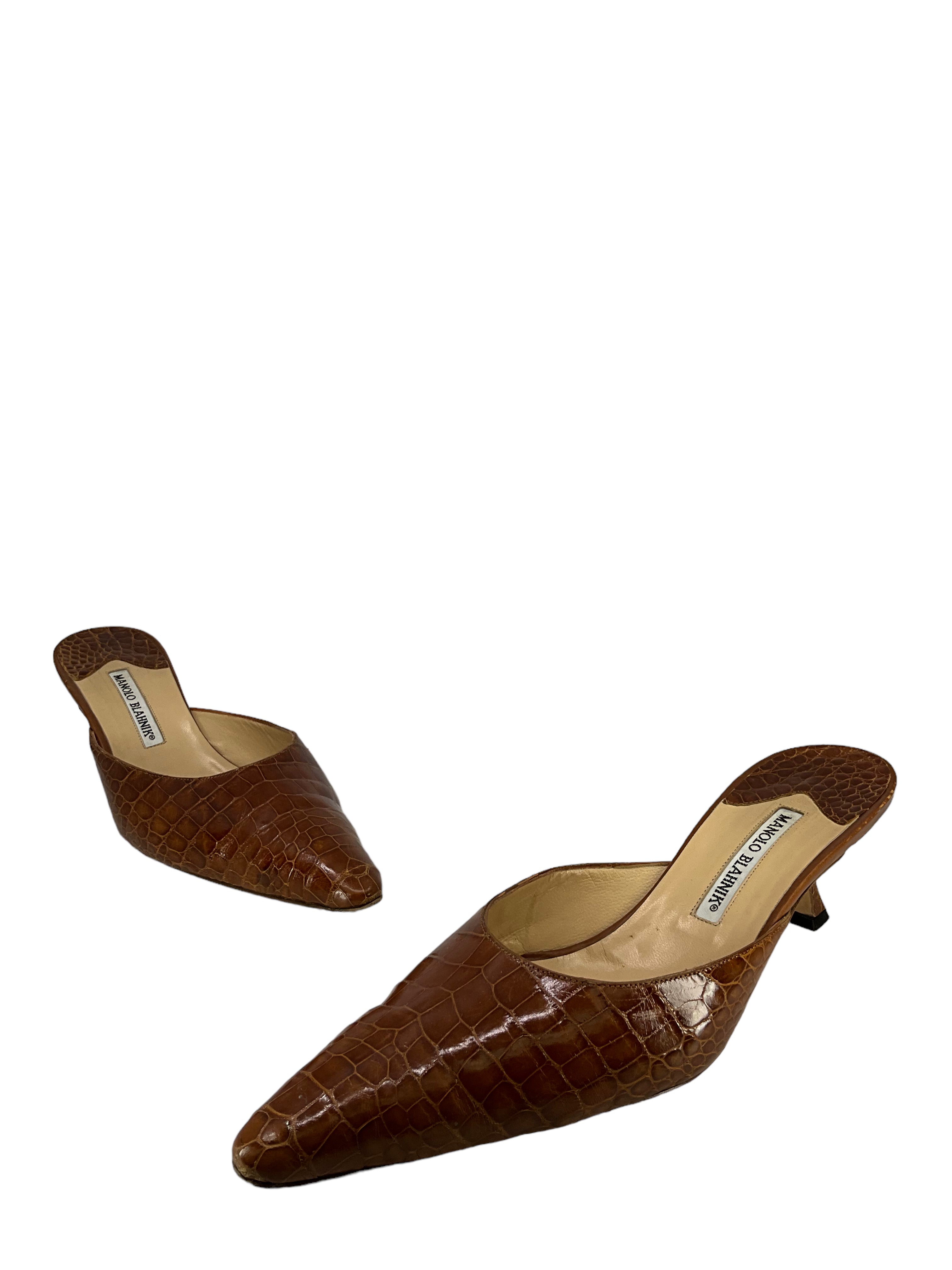 Manolo Blahnik Brown Alligator Leather Mules - Women's Size 11 (US) | Luxury Designer Slide Sandals for Parties, Weddings & Evening Events