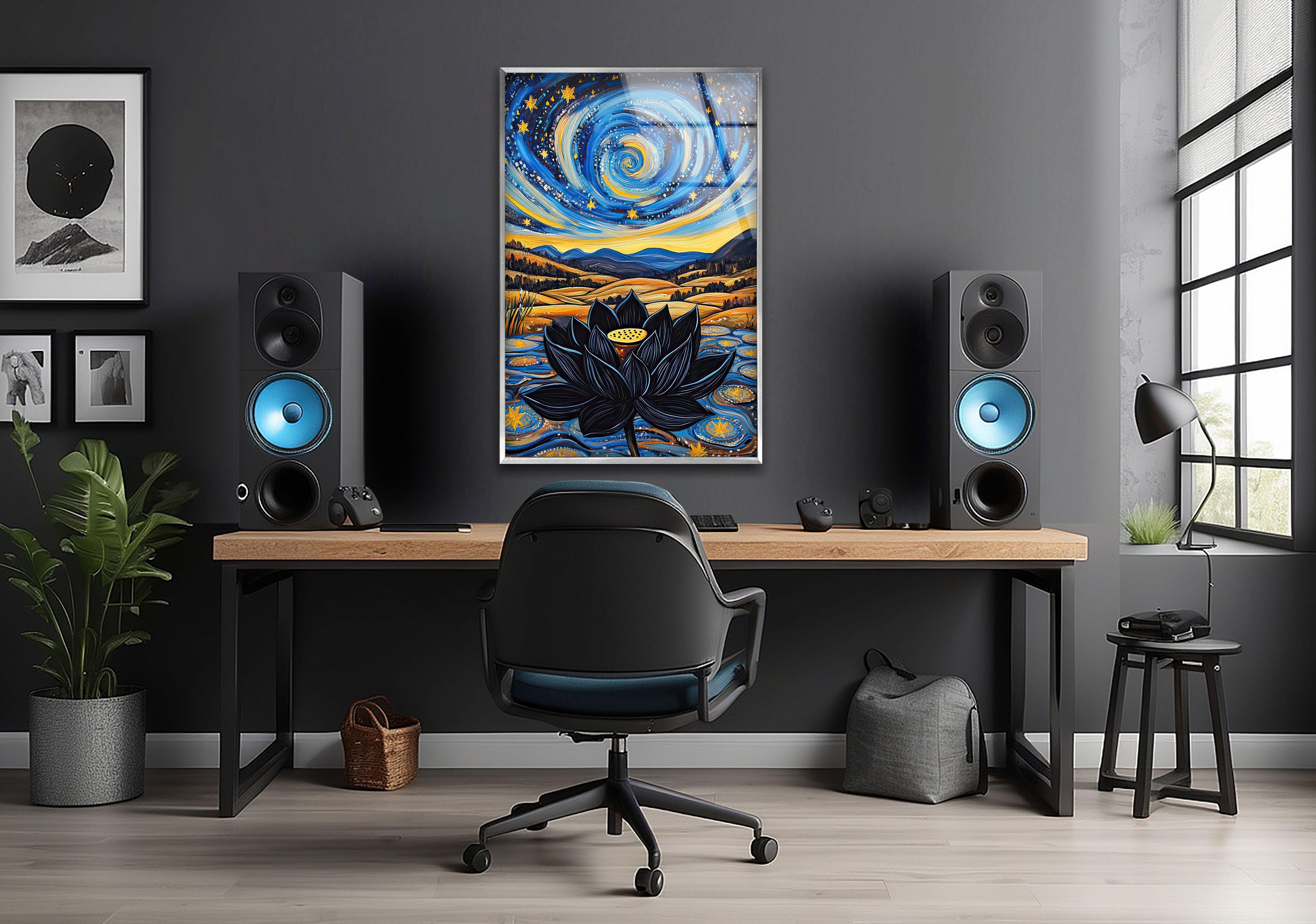 Black Lotus Glass Wall Art - Elegant Handmade Stained Glass Decor for Home & Office - Perfect for Living Room, Bedroom, and Meditation Spaces