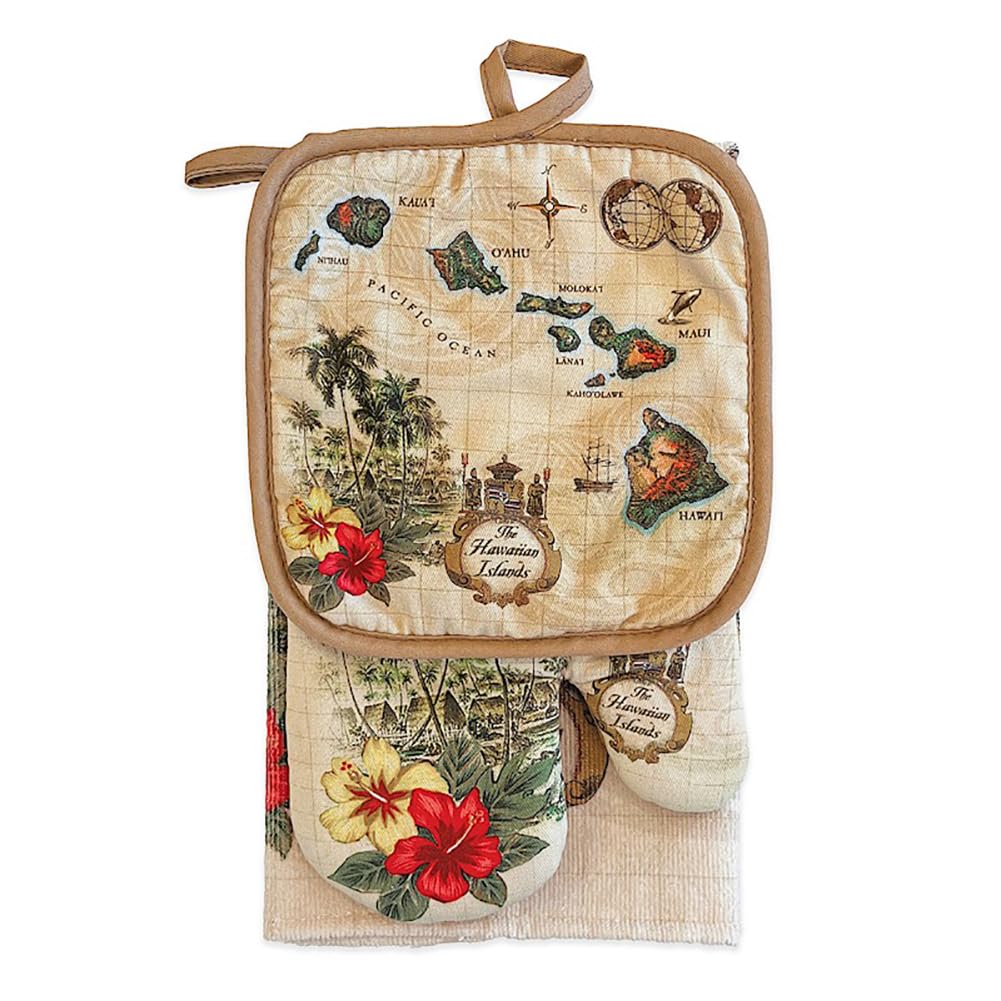 Premium Kitchen Set - Oven Mitts, Pot Holders & Towels - Tropical Hawaii Tan Design - Perfect for Cooking, Baking & Kitchen Decor