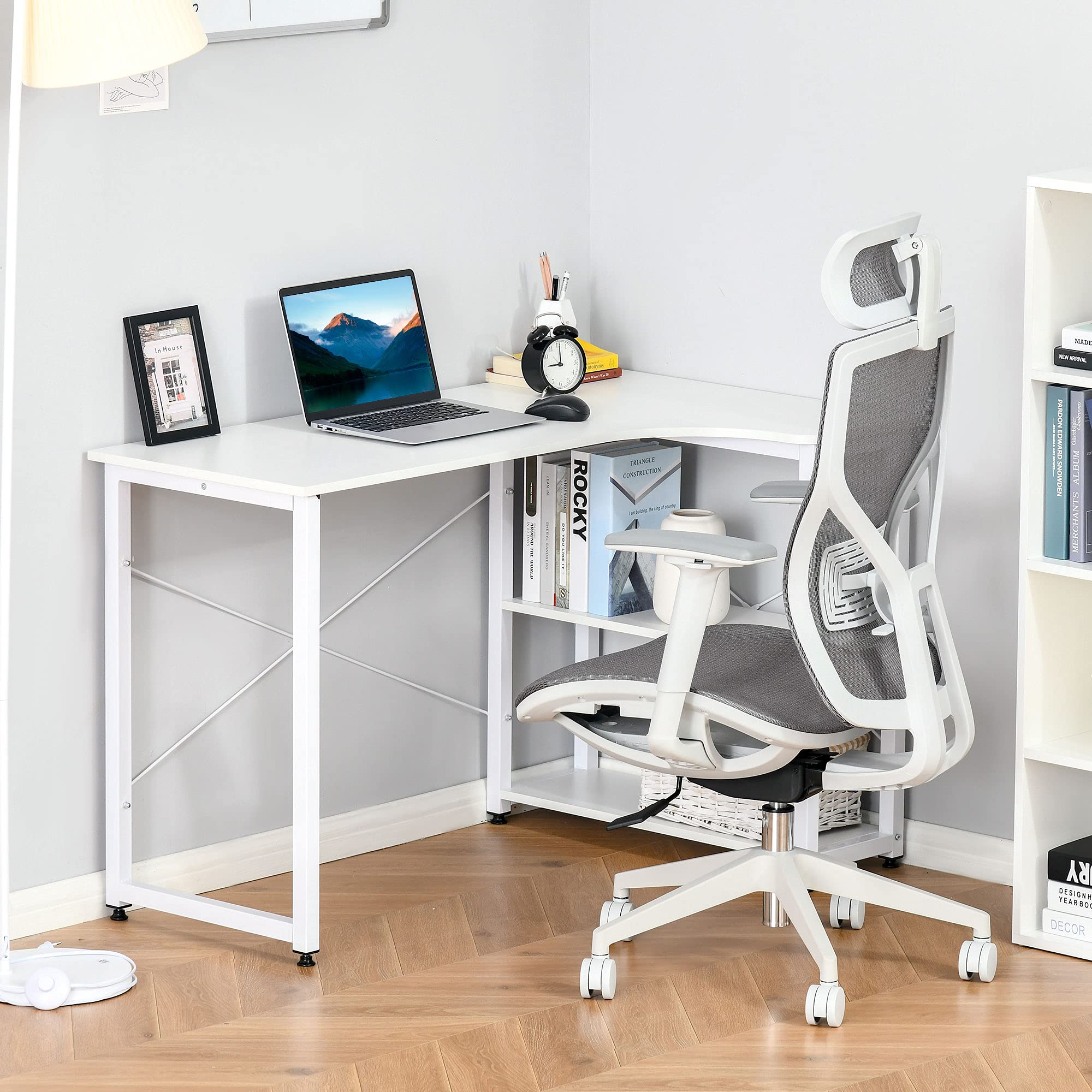HOMCOM Industrial L-Shaped Computer Desk with 2 Side Shelves & Steel Frame, White Corner Desk for Home Office, Study & Gaming Workstation - Perfect for Small Spaces & Multi-Monitor Setups