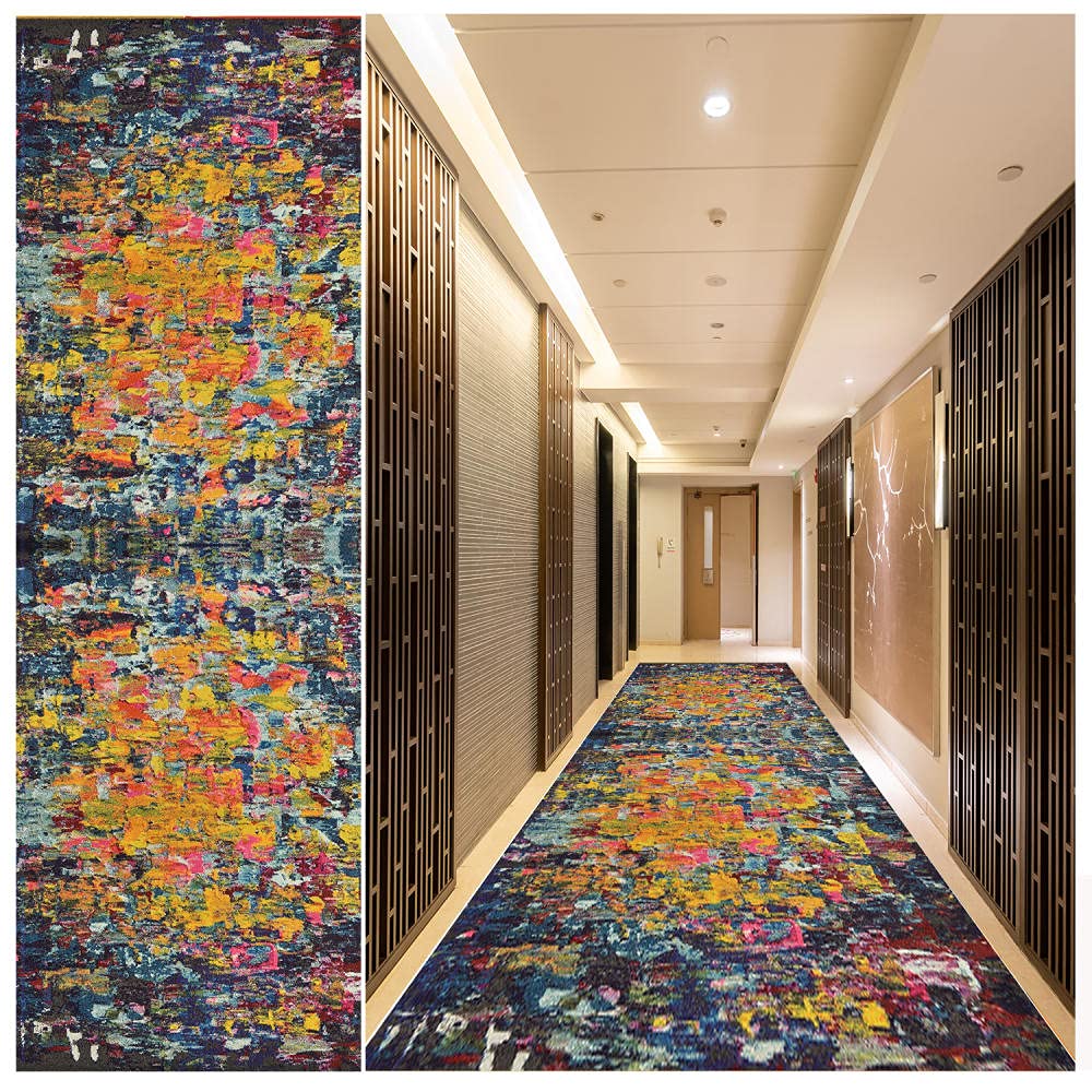 Non-Slip Washable Abstract Hallway Runner Rug 3' x 11' - Stain Resistant Rubber Backing Carpet for Kitchen, Living Room, Bedroom & Entryways - Modern Paint Smear Design in Orange | Perfect for High Traffic Areas & Home Decor