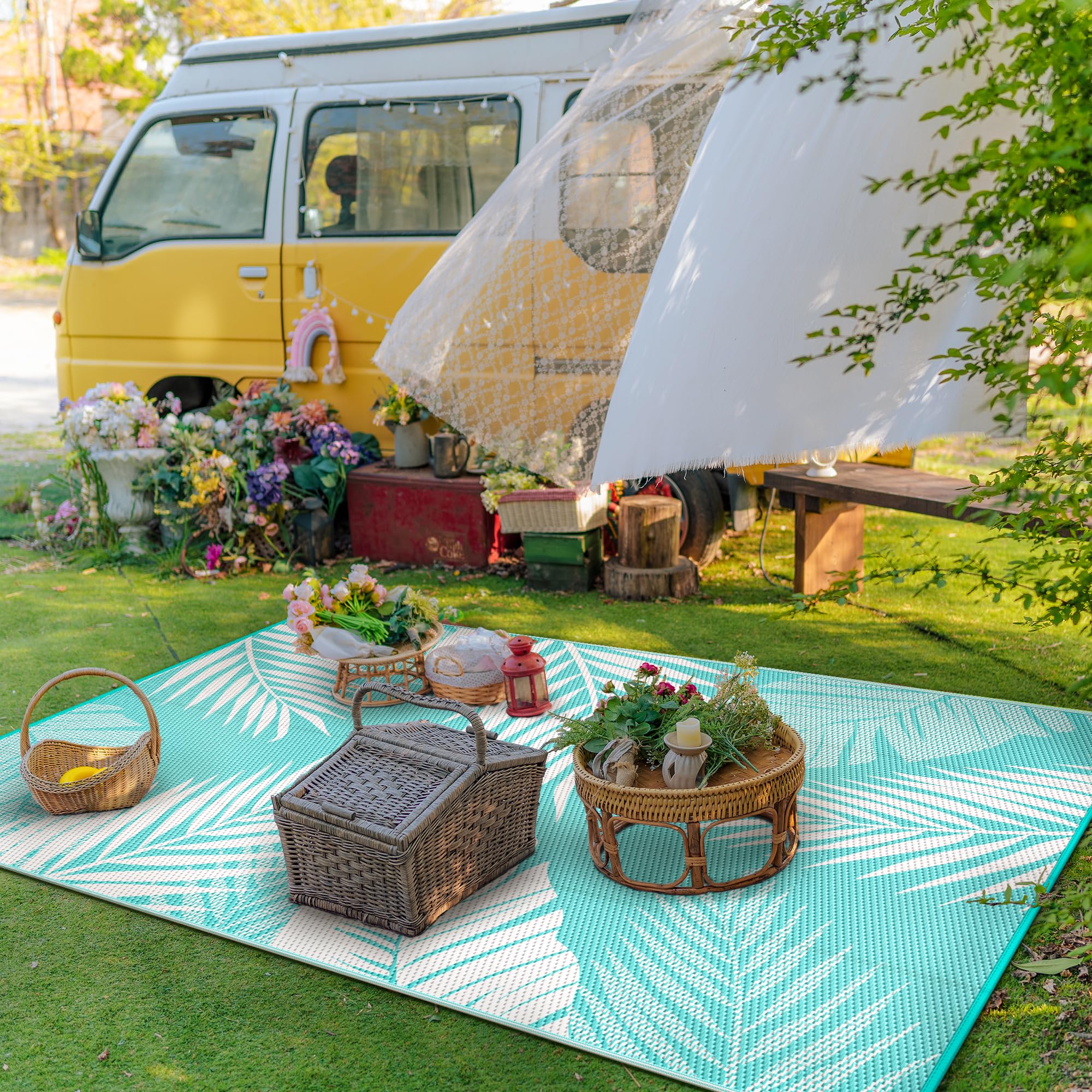GENIMO 5' x 8' Waterproof Outdoor Rug - Reversible Plastic Straw Camping Mat for Patio, Deck, RV, Picnic & Backyard - Aqua Blue & White Design - Perfect for Outdoor Gatherings, Beach Trips and Camping Adventures