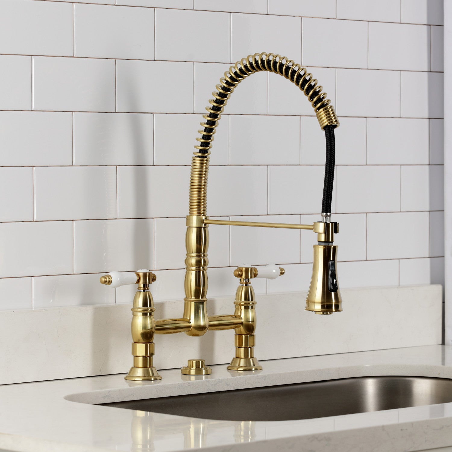 Bel Air GS1277BPL Brushed Brass Double Handle 2-Hole Deck Mount Pre-Rinse Bridge Kitchen Faucet - Perfect for Commercial & Residential Kitchens, Restaurants, and Food Prep Areas