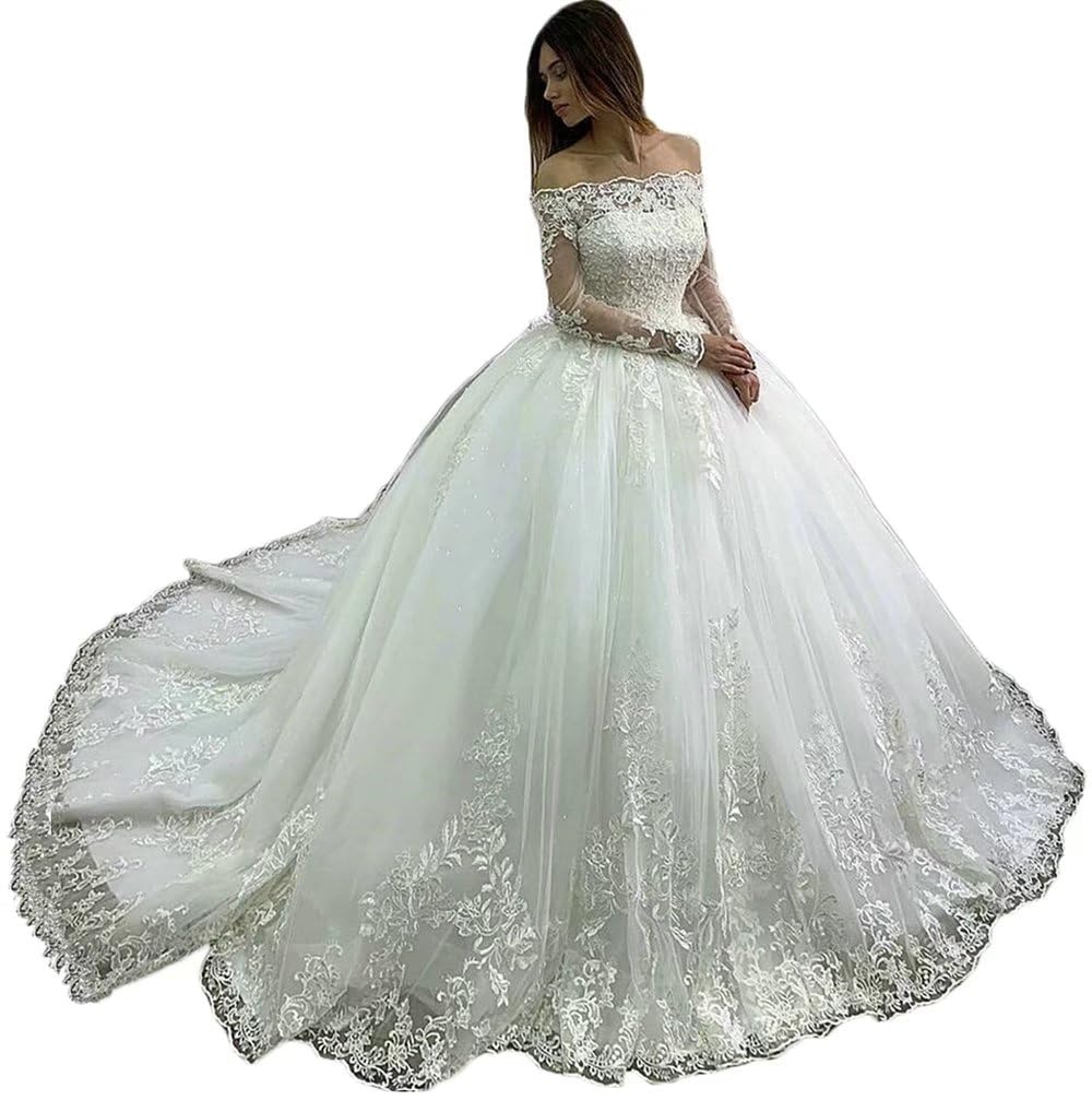 Luxury Long Sleeve Lace Wedding Dress for Bride - Off Shoulder Ball Gown Bridal Gown with Appliques - Perfect for Church Ceremony, Beach Wedding, and Formal Reception