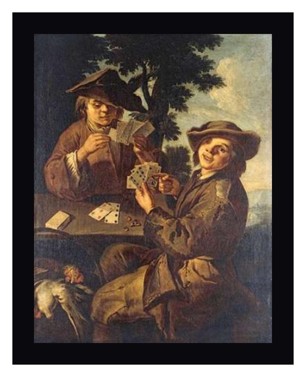 Two Peasant Boys Playing Cards by Cipper Giacomo Francesco - 28x36 Inch Framed Canvas Art Print with Black Frame - Ready to Hang Wall Decor for Living Room, Bedroom or Office