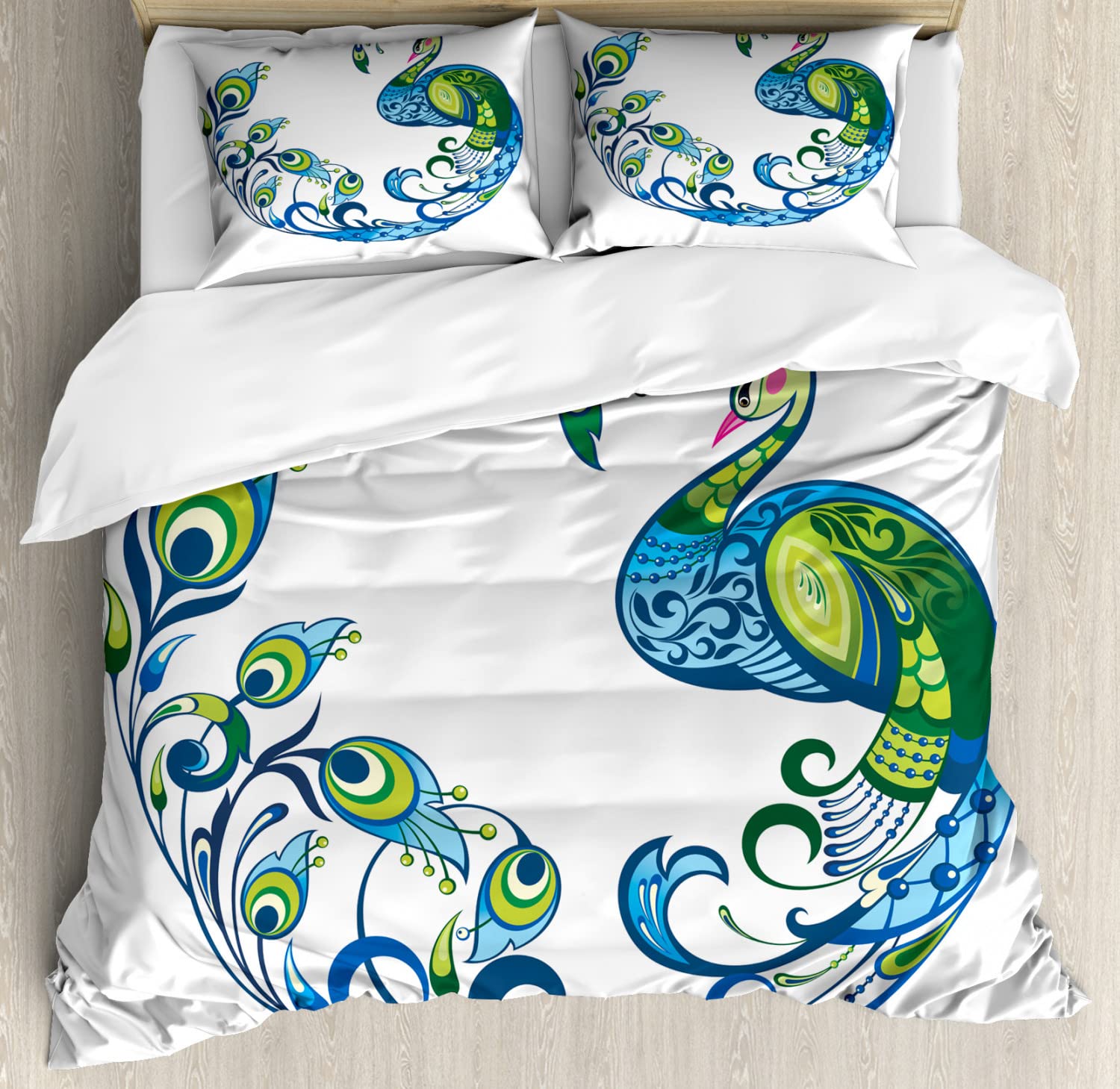 Ambesonne Peacock Duvet Cover Set - Vibrant Tropical Peacock Print Bedding, 2-Piece Twin Size with 2 Duvet Covers & 2 Pillowcases in Blue Green Pink - Perfect for Summer Bedroom Decor & Boho Chic Home Styling