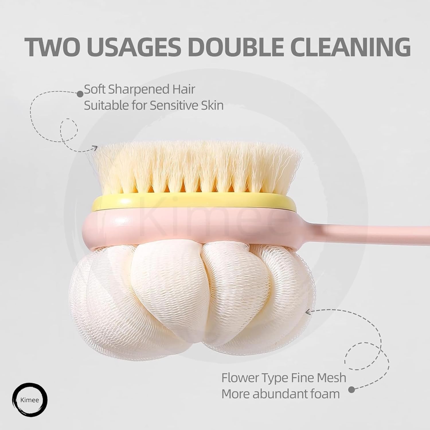 KIMEE 2 in 1 Body Brush & Back Scrubber - Long Handle Exfoliating Brush with Bristles for Wet/Dry Skin Massage | Improves Circulation & Removes Dead Skin Cells | Perfect for Shower, Bath & Spa Days