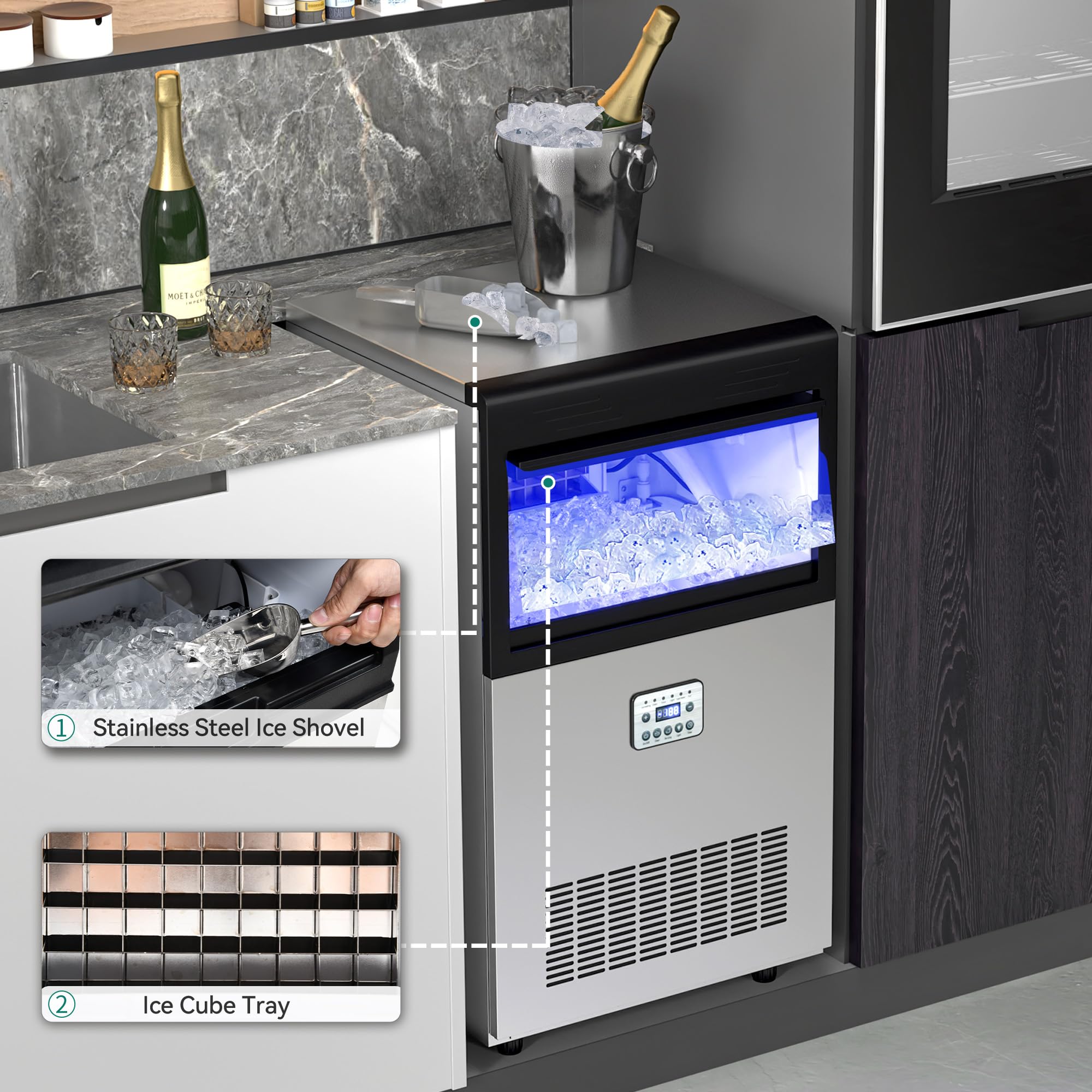 Commercial Ice Maker Machine 120LBS/24H with 33LBS Storage Bin - Under Counter Free Standing Ice Machine for Restaurants, Bars, Coffee Shops & Home Use - Perfect for Outdoor Events, Parties & Business Needs