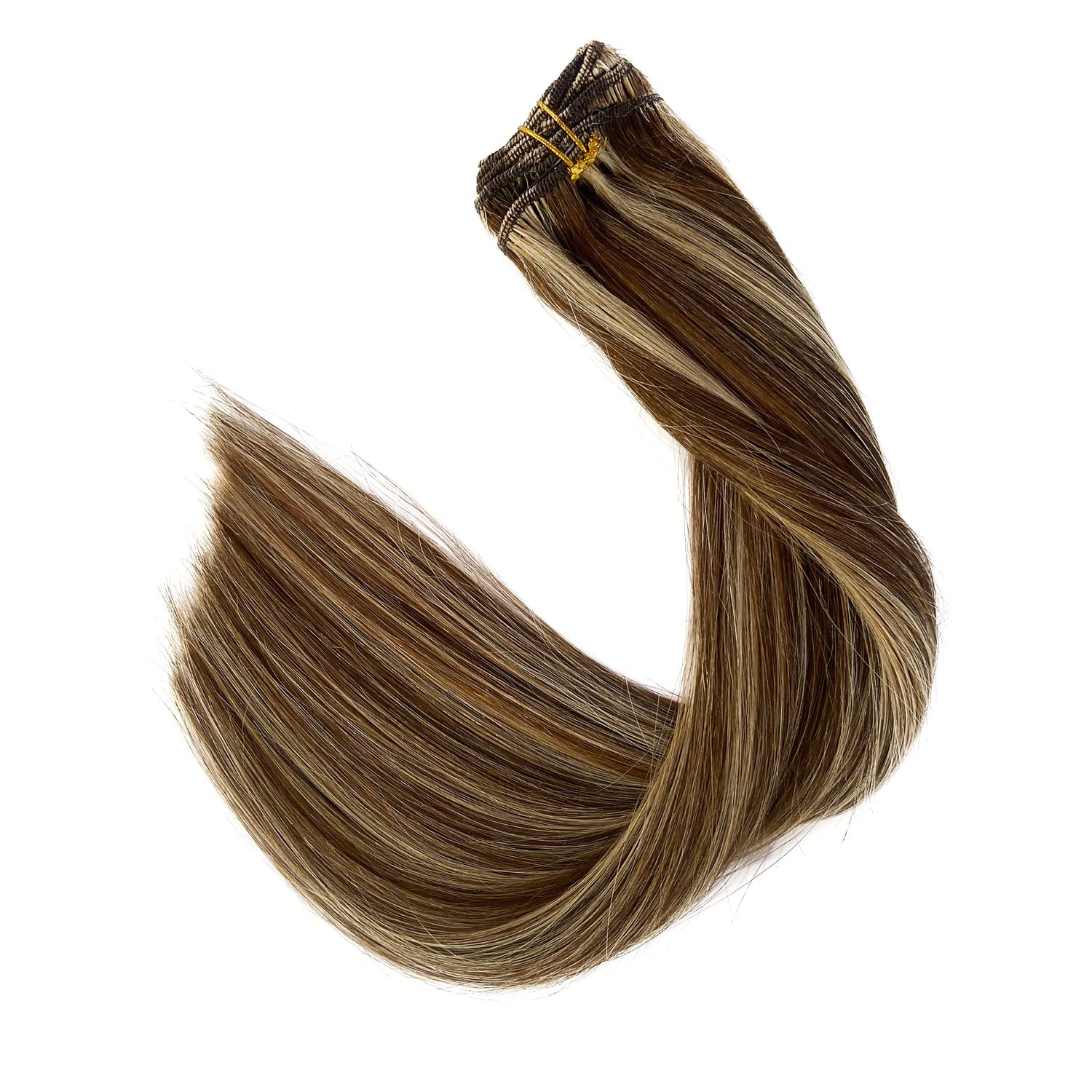 Clip In Remy Human Hair Extensions 20 Inch 7 Pieces 70g Straight Double Weft - Chocolate Brown to Caramel Blonde Highlights (#4P27) | Natural Looking Hair Extensions for Women | Perfect for Parties, Weddings & Everyday Styling