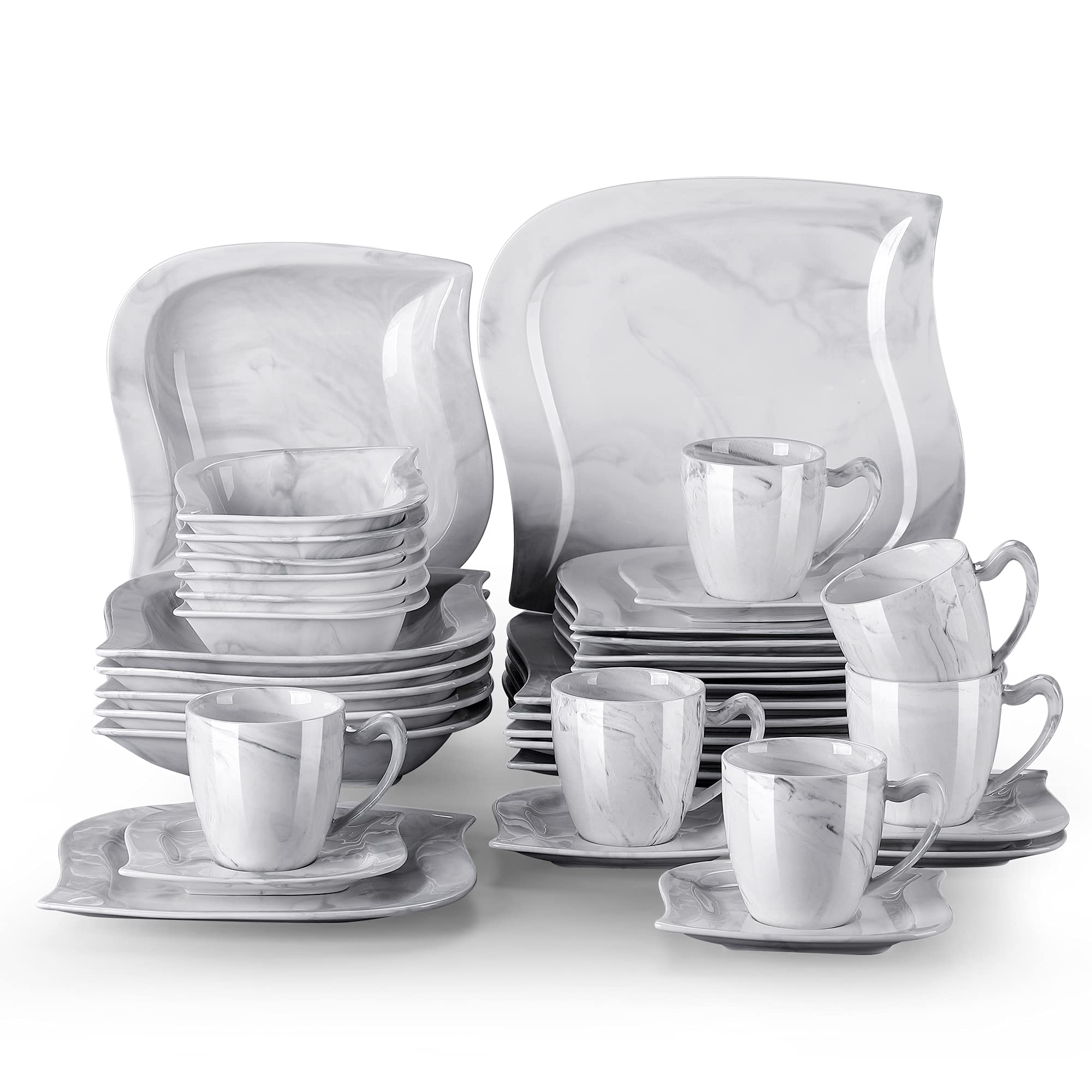 MALACASA 36-Piece Square Porcelain Dinnerware Set - Marble Grey Plates, Bowls, Cups & Saucers (Service for 6) | Elegant Elvira Series for Dinner Parties, Family Gatherings & Restaurant Use
