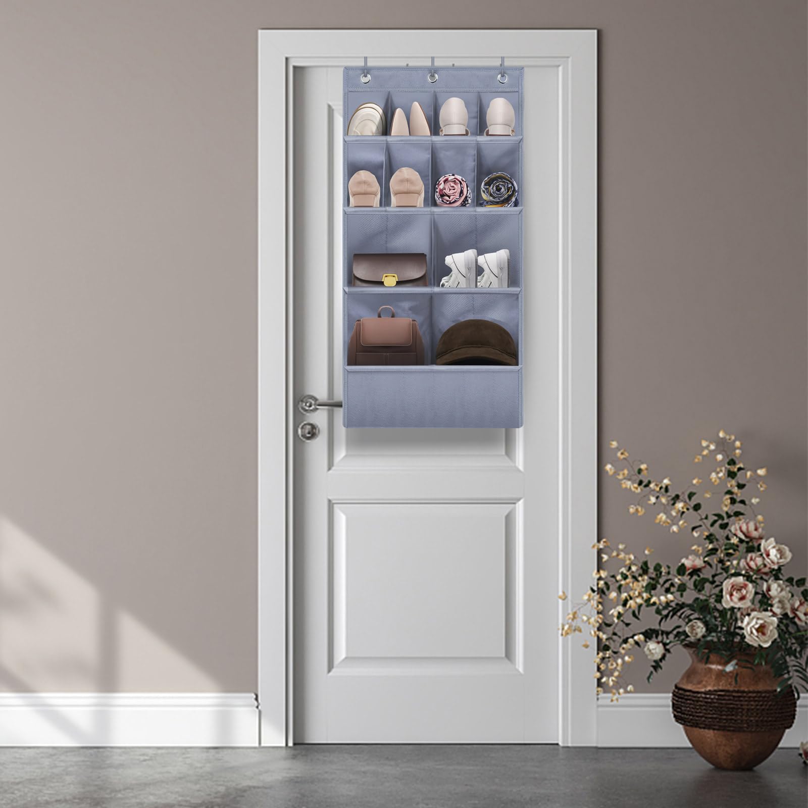 Over the Door Shoe Organizer with 11 Deep Pockets - Space Saving Closet Storage for Shoes, Accessories & Small Items - Perfect for Dorms, Apartments & Narrow Doors (Grey, 1 Pack) - Ideal for Bedroom, Bathroom & Entryway Organization