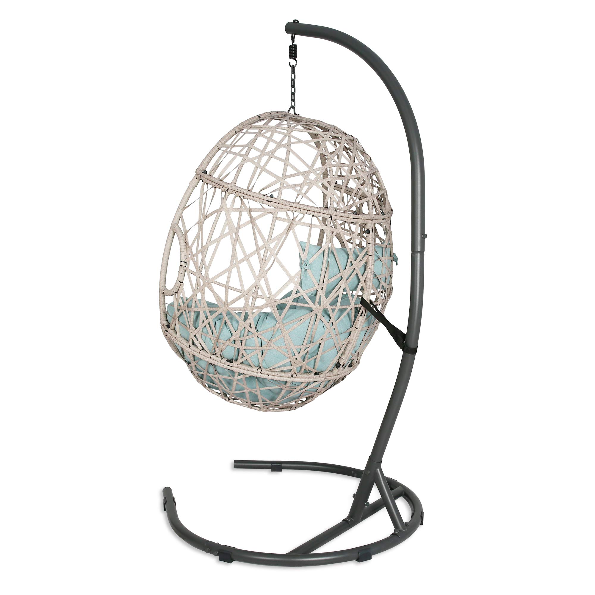 Outdoor Rattan Egg Hanging Swing Chair with Cushions & Stand - Blue Hammock Chair for Patio, Garden, Balcony - Perfect for Relaxing, Reading & Lounging
