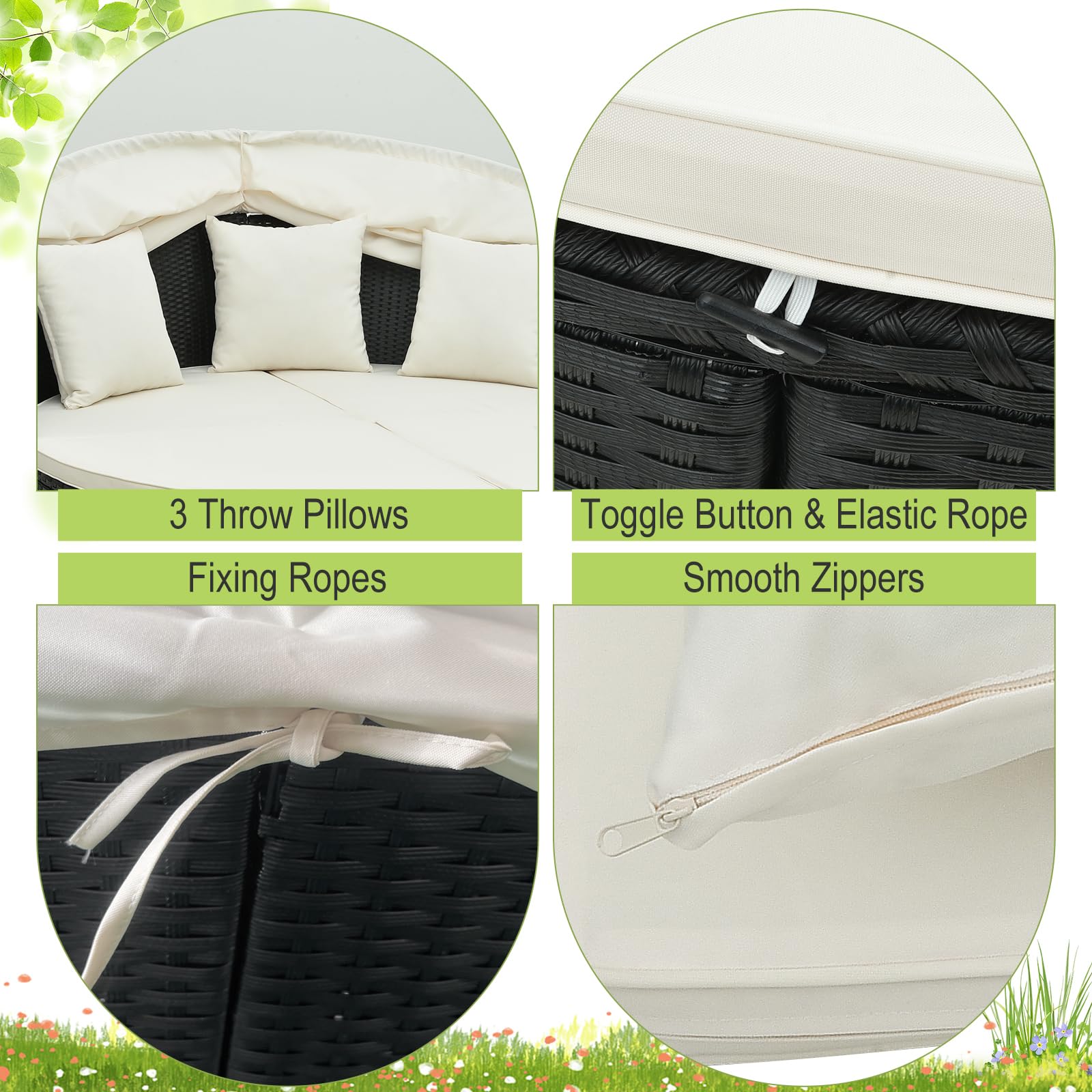 Tangkula Outdoor Patio Round Daybed with Retractable Canopy - Black Rattan Wicker Sectional Sofa with Cushions & Pillows - Backyard Lounge Furniture for Poolside, Garden, or Deck (Off White)
