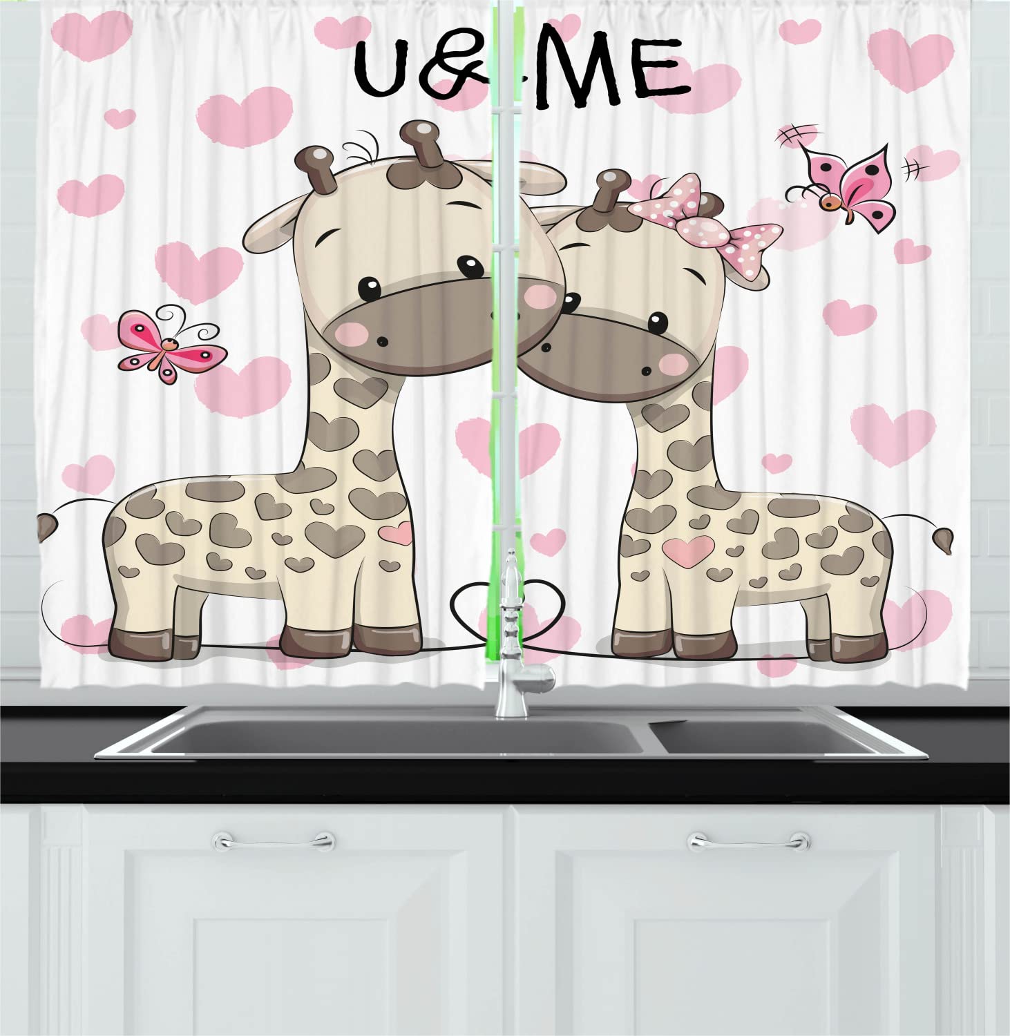 Ambesonne Animal Print Kitchen Curtains - Giraffe Baby with Butterflies & Hearts Design, 2 Panel Rod Pocket Drapes, 55