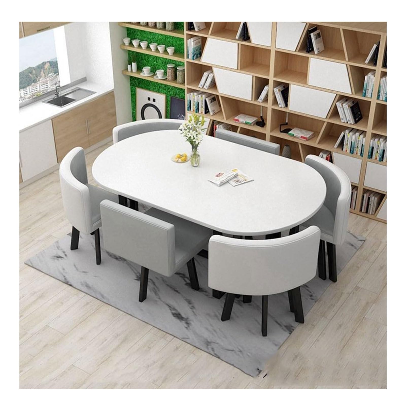 TISTIK Oval Conference Dining Table Set with 6 Chairs - Wooden Table Top & Metal Frame, PU Seat Surface - Perfect for Office Meetings, Home Dining Room, and Reception Areas