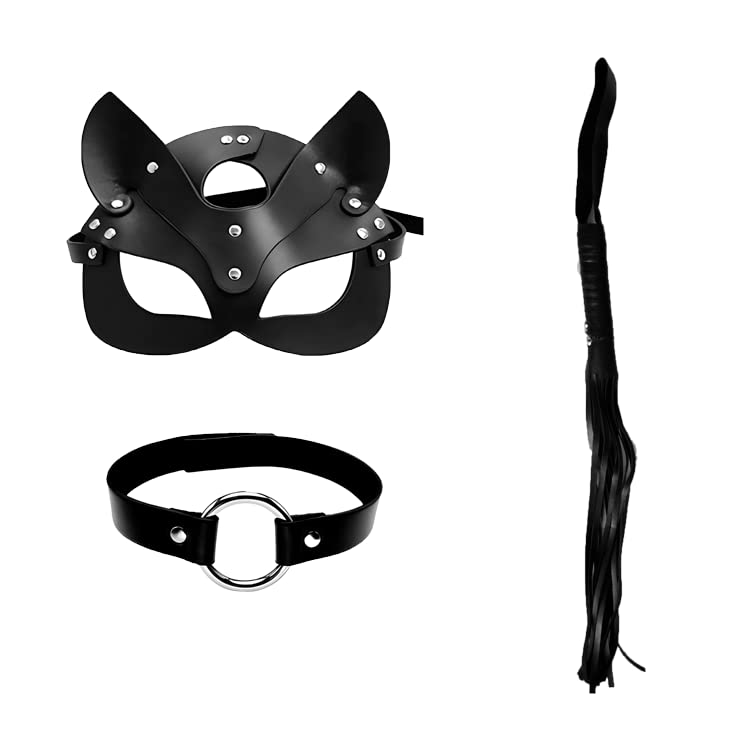 Faux Leather Whip & Cat Mask Set - BDSM Bondage Restraints for Couples, Adults Sex Toys with Neck Collar & Under Bed Straps - Perfect for Role Play, Spicing Up Relationships & Sensual Exploration (Men & Women)
