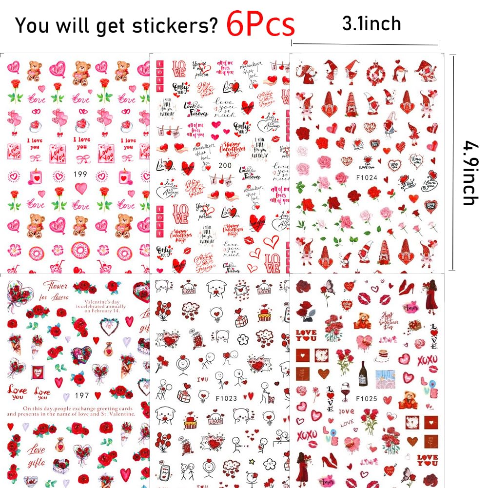 Valentine's Day Nail Stickers - 6 Sheets 3D Self-Adhesive Heart & Rose Nail Art Decals for Women | Romantic Red Lips & Love Designs | Perfect for Valentine's Nail Art, Date Nights & Special Occasions
