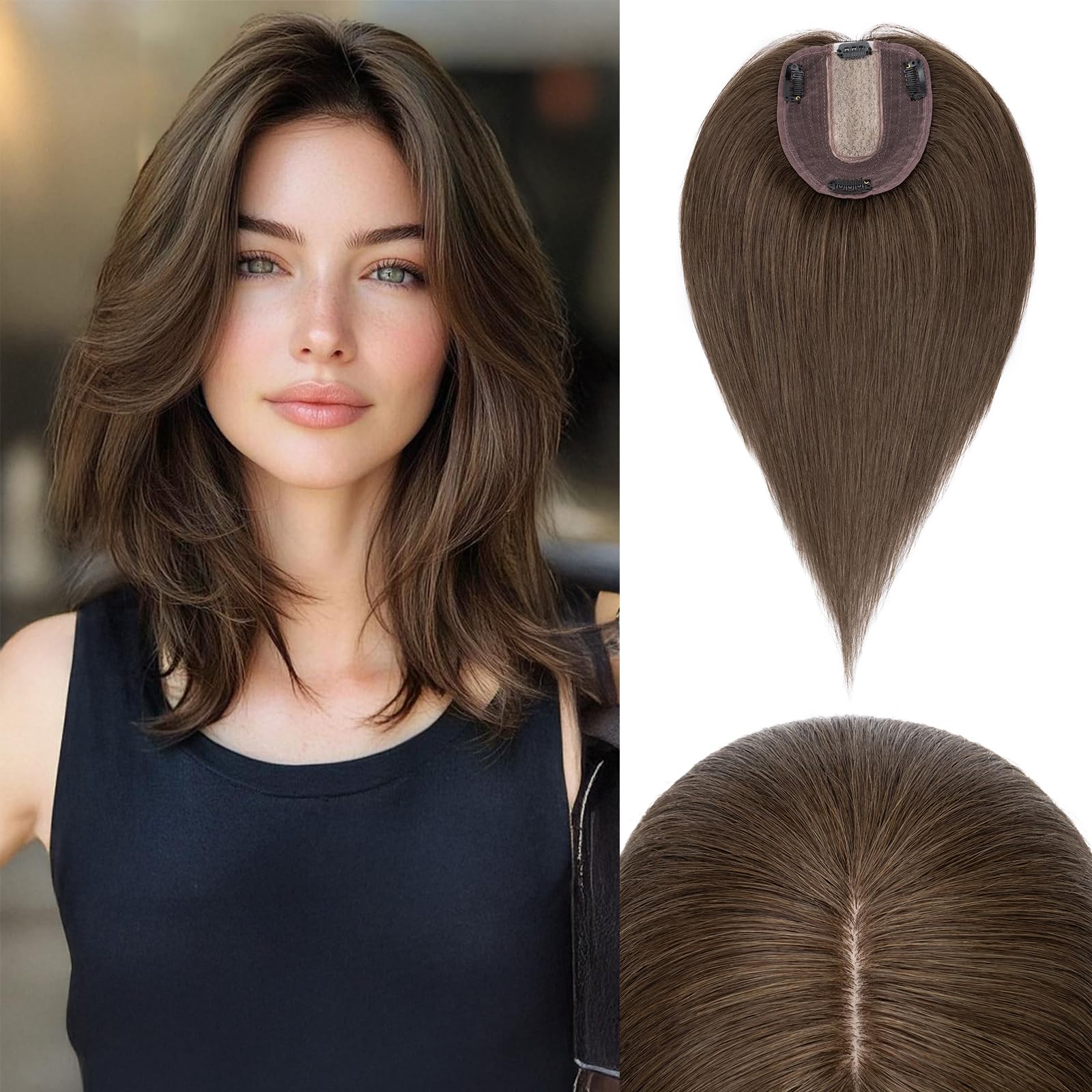 100% Human Hair Toppers for Women - Remy Clip-In Topper with Silk Base for Thinning Hair | 16 Inch #2R Chocolate Brown | Natural Looking Hair Replacement Solution for Daily Wear & Special Occasions