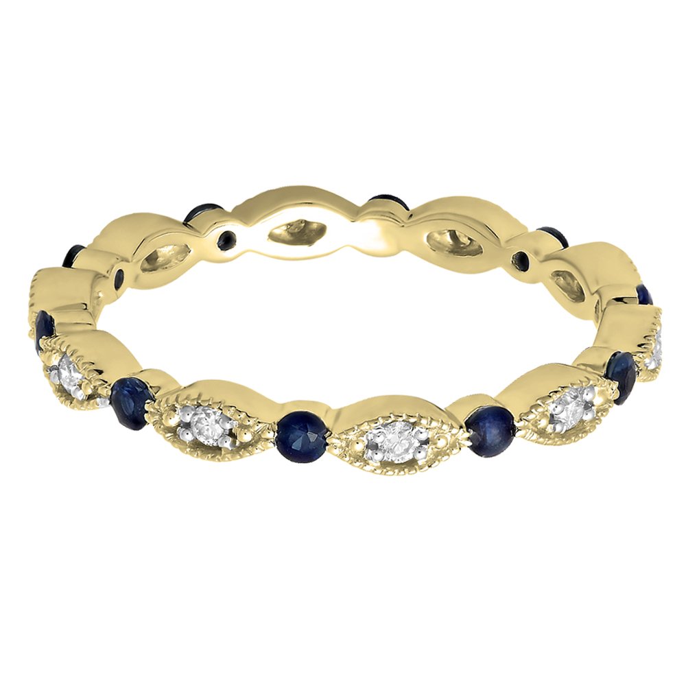 10K Solid Gold Round Blue Sapphire & White Diamond Women's Wedding Eternity Band Stackable Ring - Elegant Bridal Jewelry for Anniversary, Engagement & Stackable Ring Sets