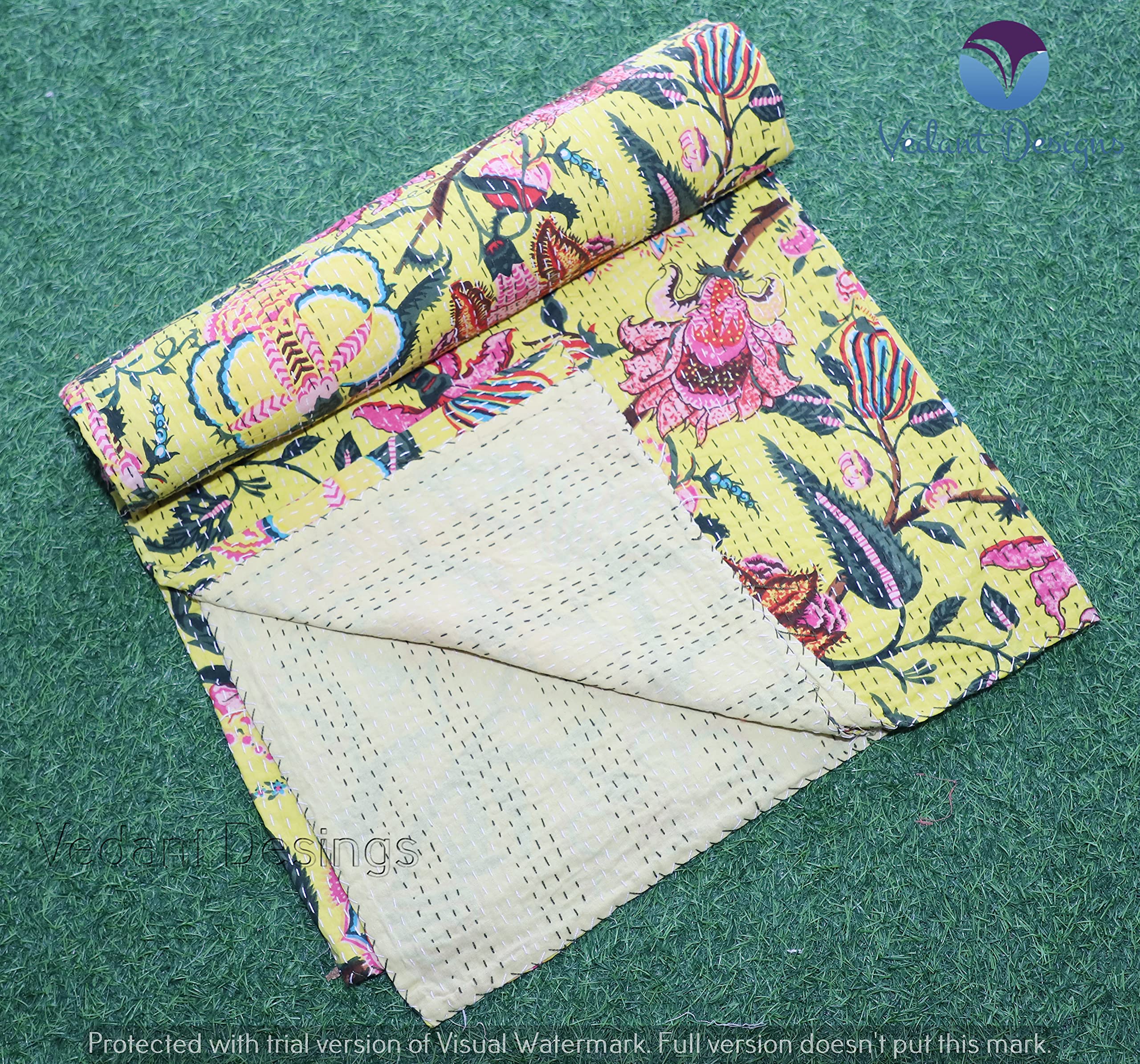 Handmade Indian Kantha Quilt - 100% Cotton Bohemian Floral Block Print Bedspread & Throw Blanket (Queen Size, Yellow 02) - Perfect for Boho Bedroom Decor, Cozy Sofa Throws & Unique Gift Ideas