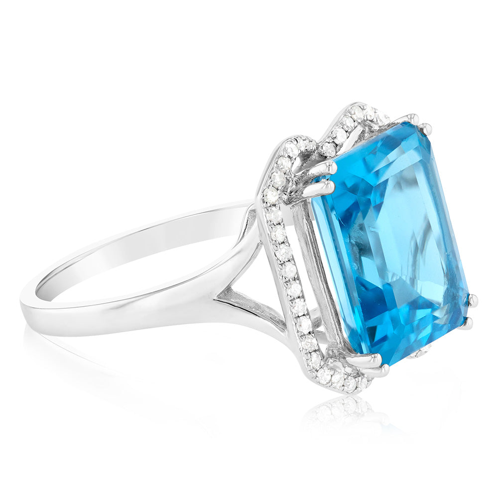 9ct White Gold Natural Blue Topaz & Diamond Ring for Women - Elegant Engagement, Wedding, Anniversary Gift for Her