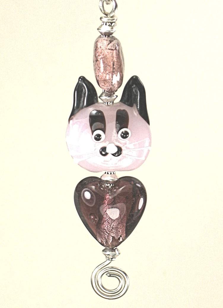 Lavender Purple Cat Face Heart Glass Ceiling Fan Pull Chain - Handmade Lampwork Bead for Home Decor, Bedroom, Living Room, Nursery & Gifts