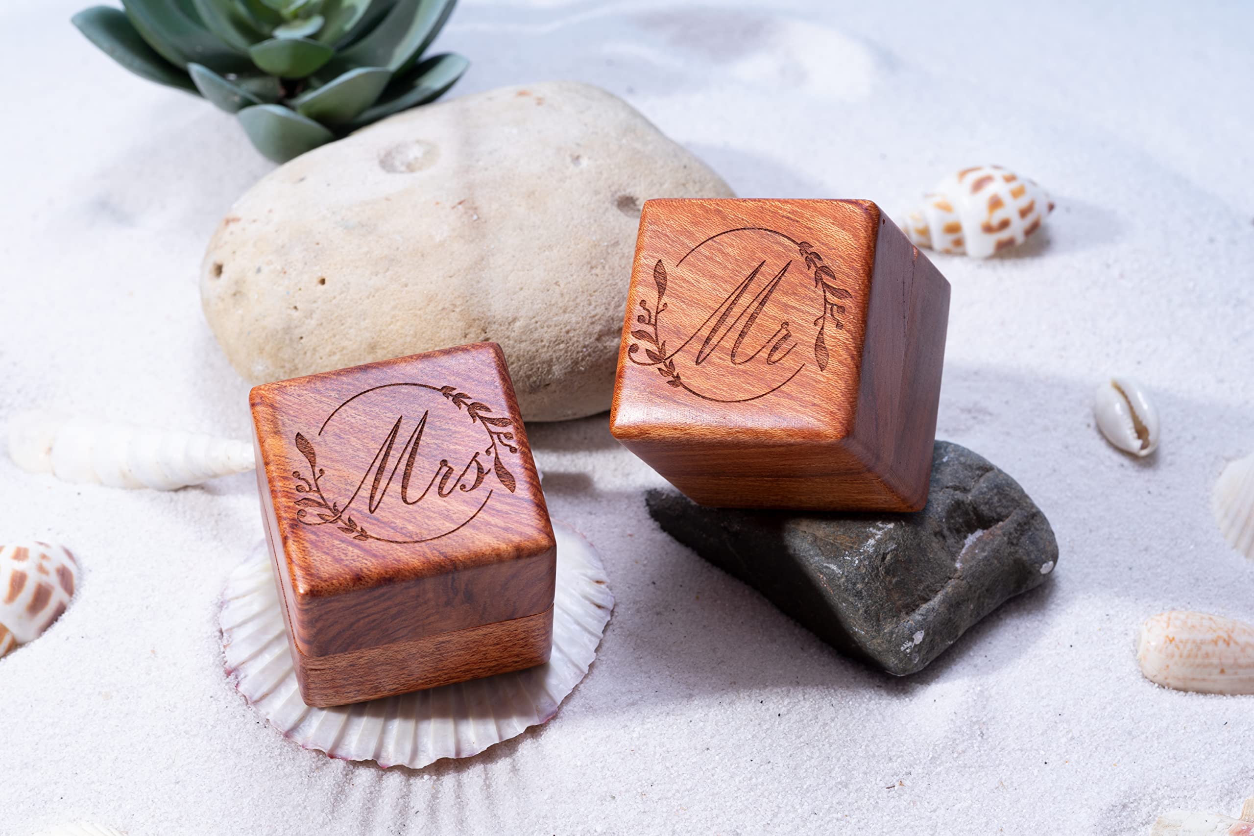 Handmade Wooden Wedding Ring Box Set - Engraved Rustic Ring Holder for Ceremony, Small Ring Storage Box with Floral Design (2 PCs) - Perfect for Proposals, Vows & Anniversary Gifts