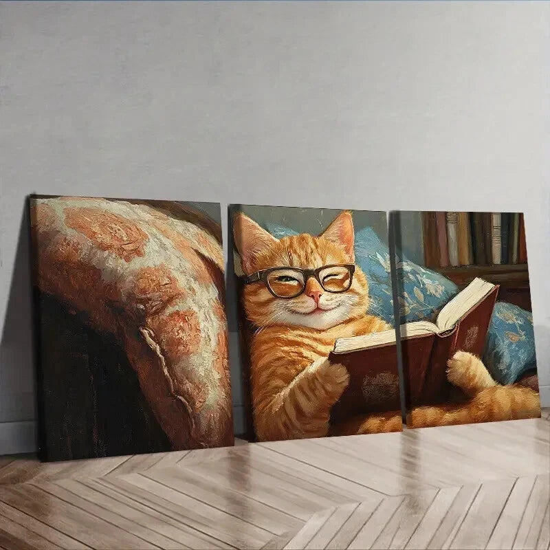 3-Piece 'A Cat Reading on the Couch' Framed Wall Art Set - 50x70cm High Quality Canvas Print | 100% Australian Made | Ready to Hang | Perfect for Living Room, Bedroom & Office Decor