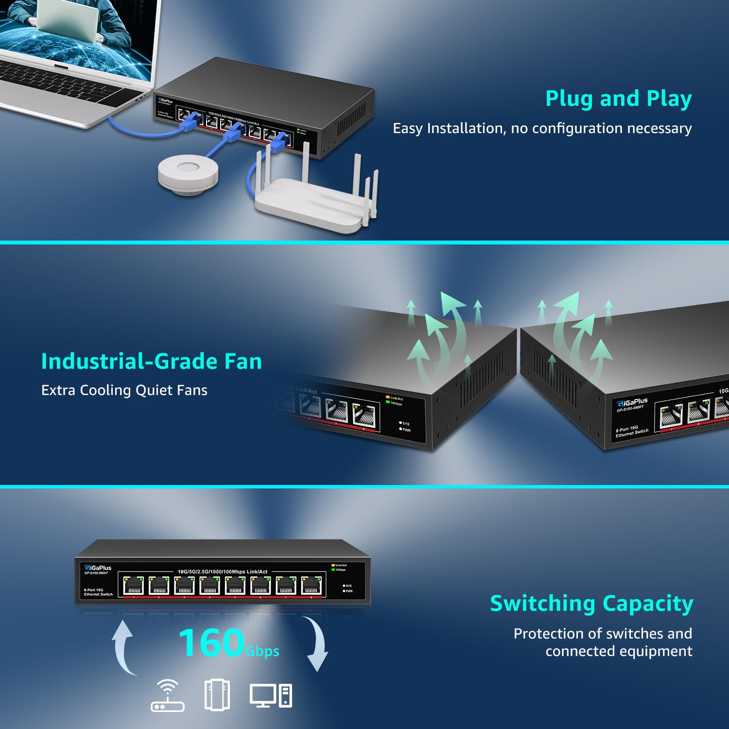 10Gb Ethernet Switch Unmanaged - 8 Port 10Gbe Base-T Network Switch for 10Gbps NAS, WiFi 7 Router & 10Gbps Adapter - Desktop/Rack Mount - Plug & Play - Ideal for Home Office & Data Center Networking