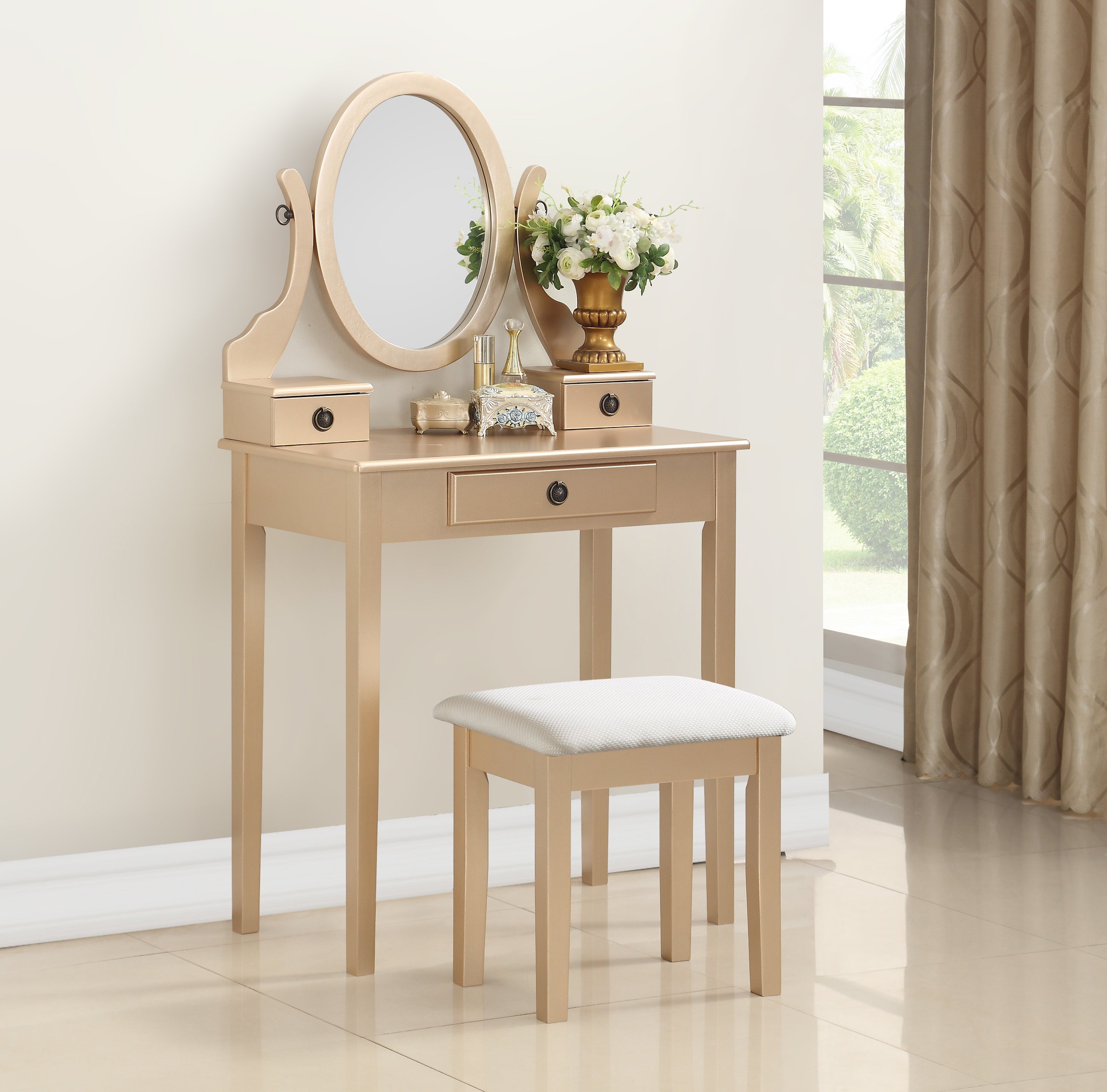 Roundhill Furniture Moniya Wood Makeup Vanity Table and Stool Set with Mirror - Gold Finish for Bedroom, Dressing Room & Beauty Salon | Elegant Vanity Desk with Storage for Women & Girls